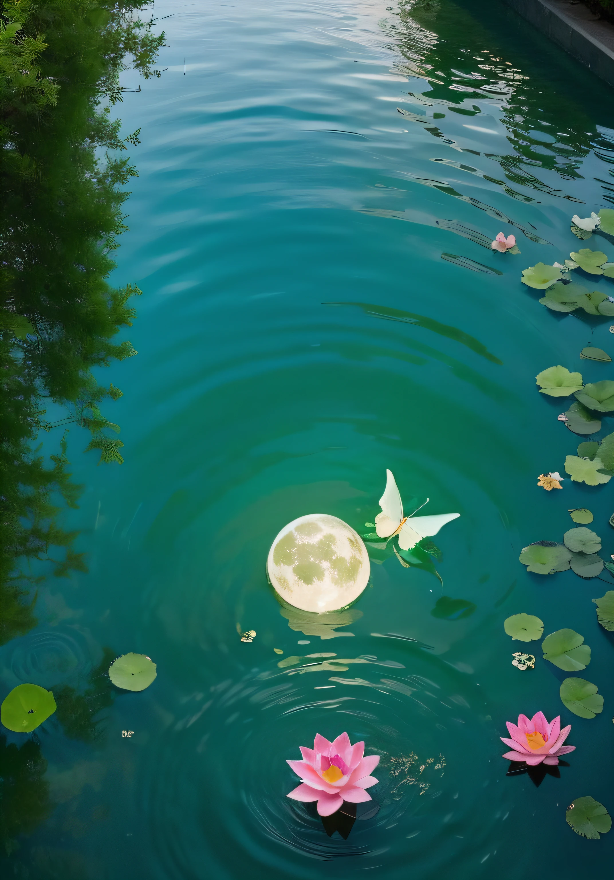 1girl,light smile,(green dress),(lotus pond),(lily pads),(lotus flowers:1.3),(butterfly:1.4), (paper fan), (floating leaves),(wind), (lying), (transparent water:1.1),(moonlight:1.3),(peaceful atmosphere:1.4), (wide shot),(from above),(green theme:1.2), She lying in the center of the lotus pond,  smile, smirk, glint, red lips, The girl wearing a beautiful Hanfu, perfectly matched with the surrounding scenery.   The beautiful night, the moonlight reflected in the water, creating a calm atmosphere.   From above, the viewer can see the lily pads and lotus flowers that surround her, there are mysterious light under water illuminating the fish swimming elegantly around her.   Many blue butterflies dancing around the girl, The green theme dominates the scene, with shades of emerald and jade that highlight the natural beauty of the pond.   The rippling water and moonlight add to the tranquil mood, making it the perfect spot for relaxation and reflection.