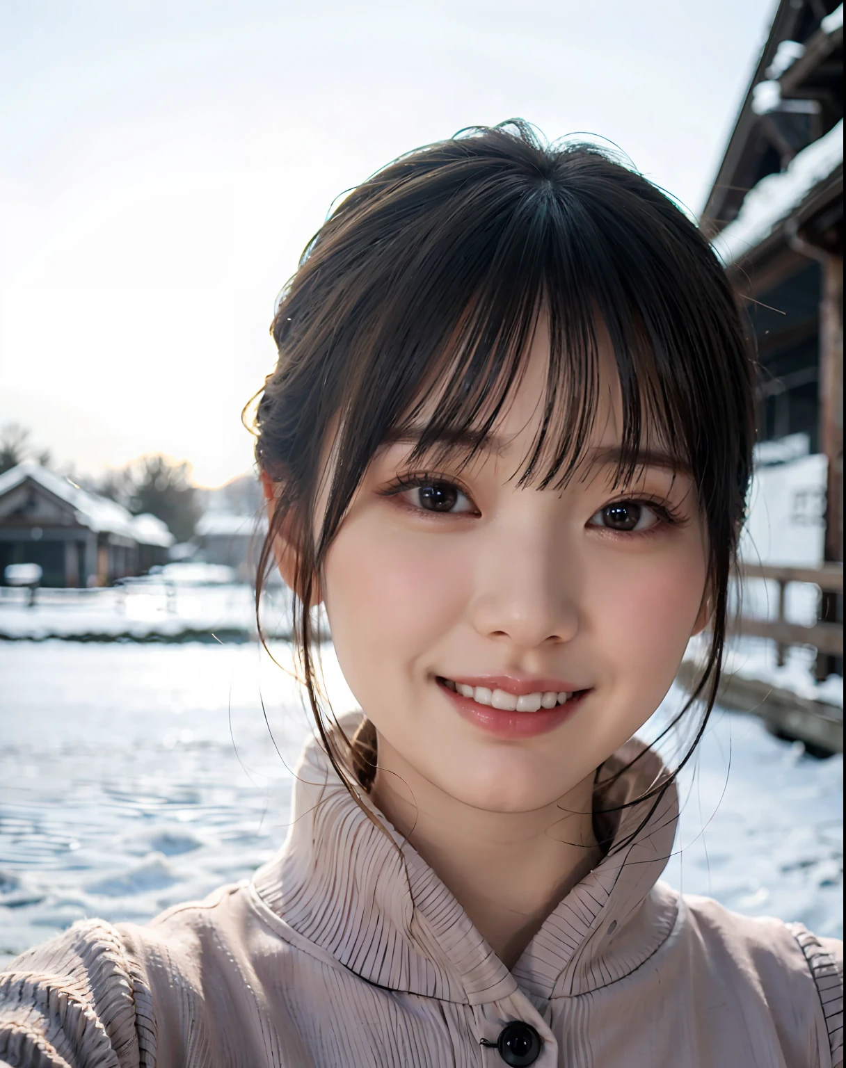 Woman posing on snowy landscape background、looking at the viewers、Pose with a smile(top-quality、masterpiece)))、hight resolution、ighly detailed、masterpiece、电影灯光、(8K、top-quality、masterpiece:1.2)、(realisitic、Photorealsitic:1.37) Hi-Res、The ultra-detailliert、1girl in 、Woman with glasses、asian human, cute little, cute face, 独奏, Short hair 1.2, Textured skin, beautiful smiling face, Beautiful detailed winter sky、Midwinter Japan、 natta, 电影灯光, depth of fields, Lens flare light、sitting on、Dating、(blush nose)、(A smile:1.15)、(Mouth closed)tiny chest、beautiful finely detailed eyes、(Sweaters:1.1)、natta、(shorth hair:1.2)、Woman in Nova frog style coat with floating hair、muffler、warm clothes