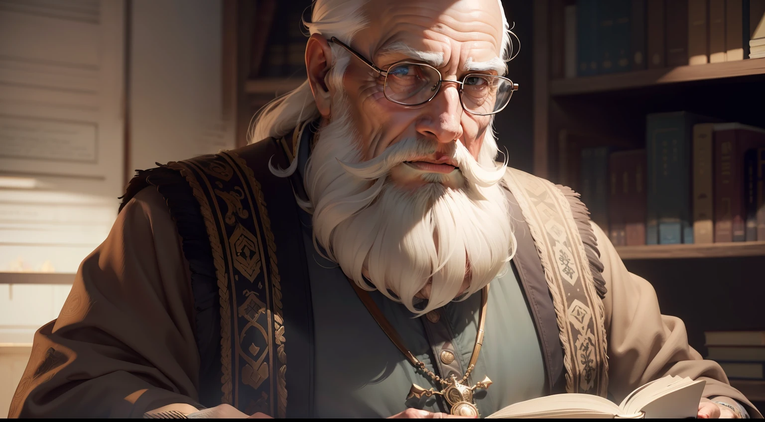 homem mais velho com cabelos brancos e barba, epic portrait of wisdom and goodness, Gentle man holding a book in his hand near his chest, eyeglass, sentado