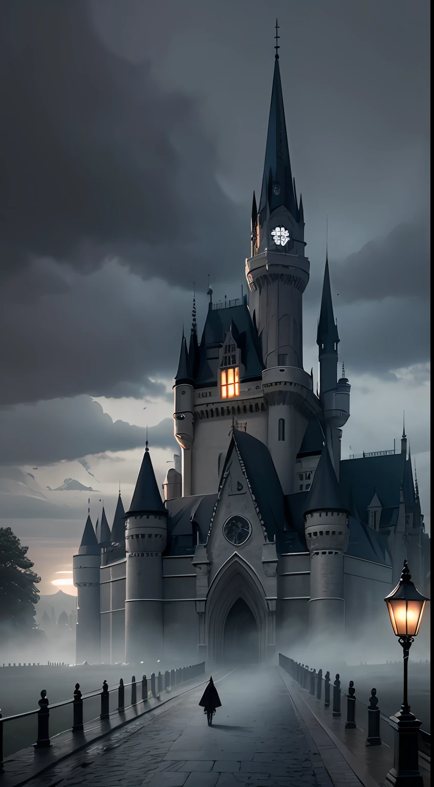 A grand dark castle,Gray stone path,Looming street lights,(The vista has the back of a walking girl in a black trench coat),(flying bats),(Old European castle architectural style),(Moonlight shines through the clouds),(The whole picture presents a mysterious and obscure gray tone),(tmasterpiece),(Best picture quality),(Very detailed and uniform picture),(8k wallpaper),(Tyndall effect),(light and shadow effect),The creation is inspired by movies《Vampire Dracula》