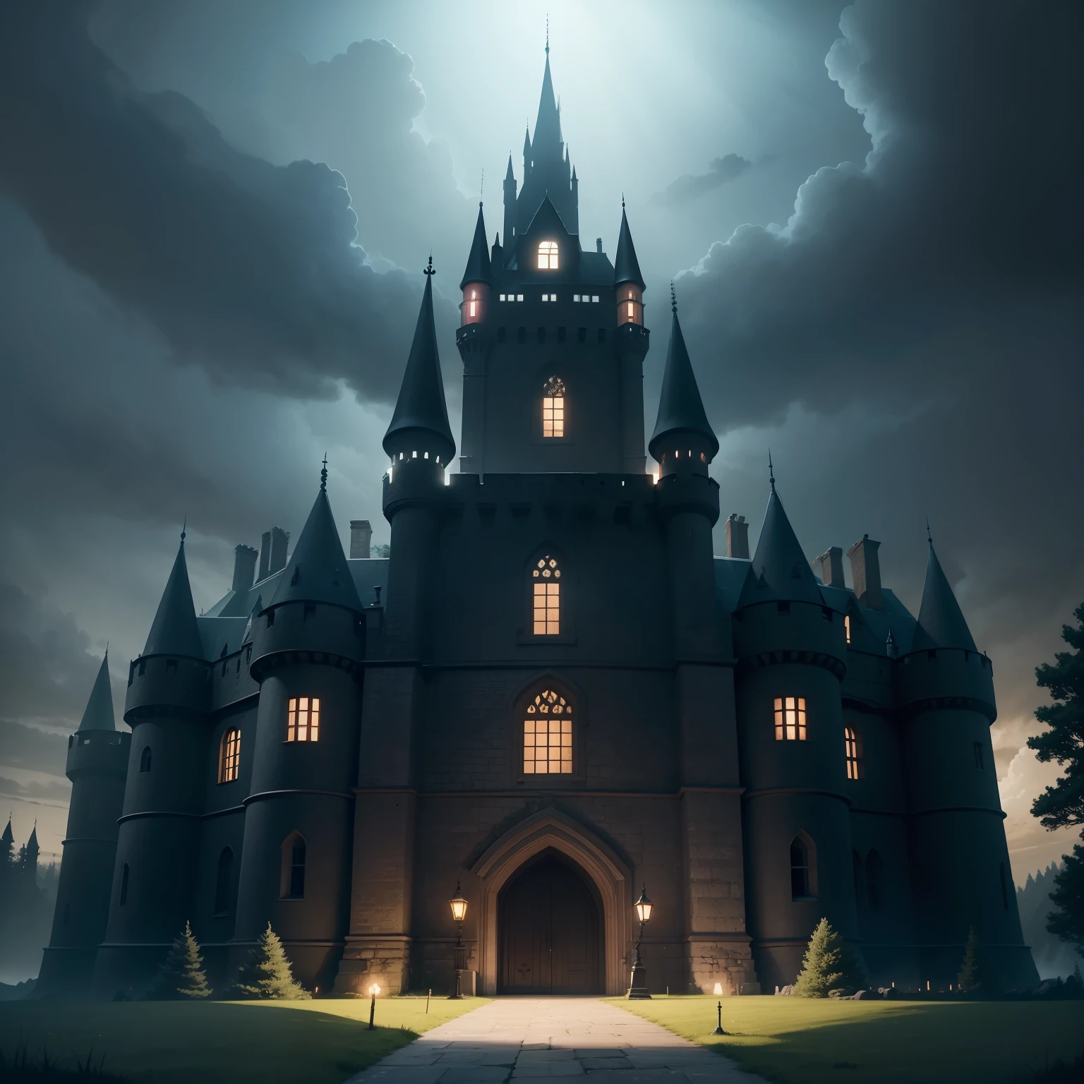 Black fantasy castle. Fourteen lean, square black towers dwarf everything below them and are connected by huge, firm walls made of basalt.
Refined windows are scattered thinly around the walls in fairly symmetrical patterns, along with asymmetric crenelations for archers and artillery.
A vast gate with large wooden doors, a regular bridge and large crenelations guards the inhabitants of this island castle, but it's not the only way in, which fortunately only very few know.
The forest outside of the castle gates is light up with bioluminescent creatues, adding to the atmosphere of the castle. This castle has clearly stood the test of time and its inhabitants are intend on making sure it stays that way for ages to come.