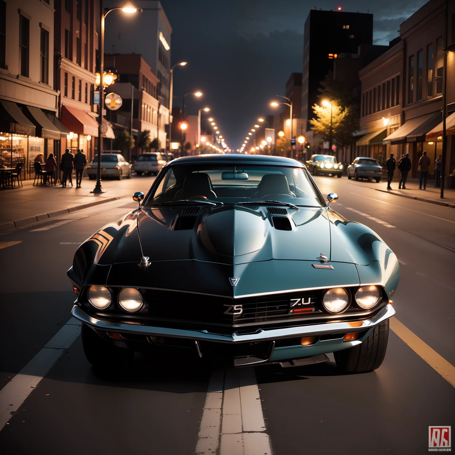 a stunning 1969 Z28 lowered with custom wheels. Hotrod magazine photoshoot downtown at night. cinematic lighting