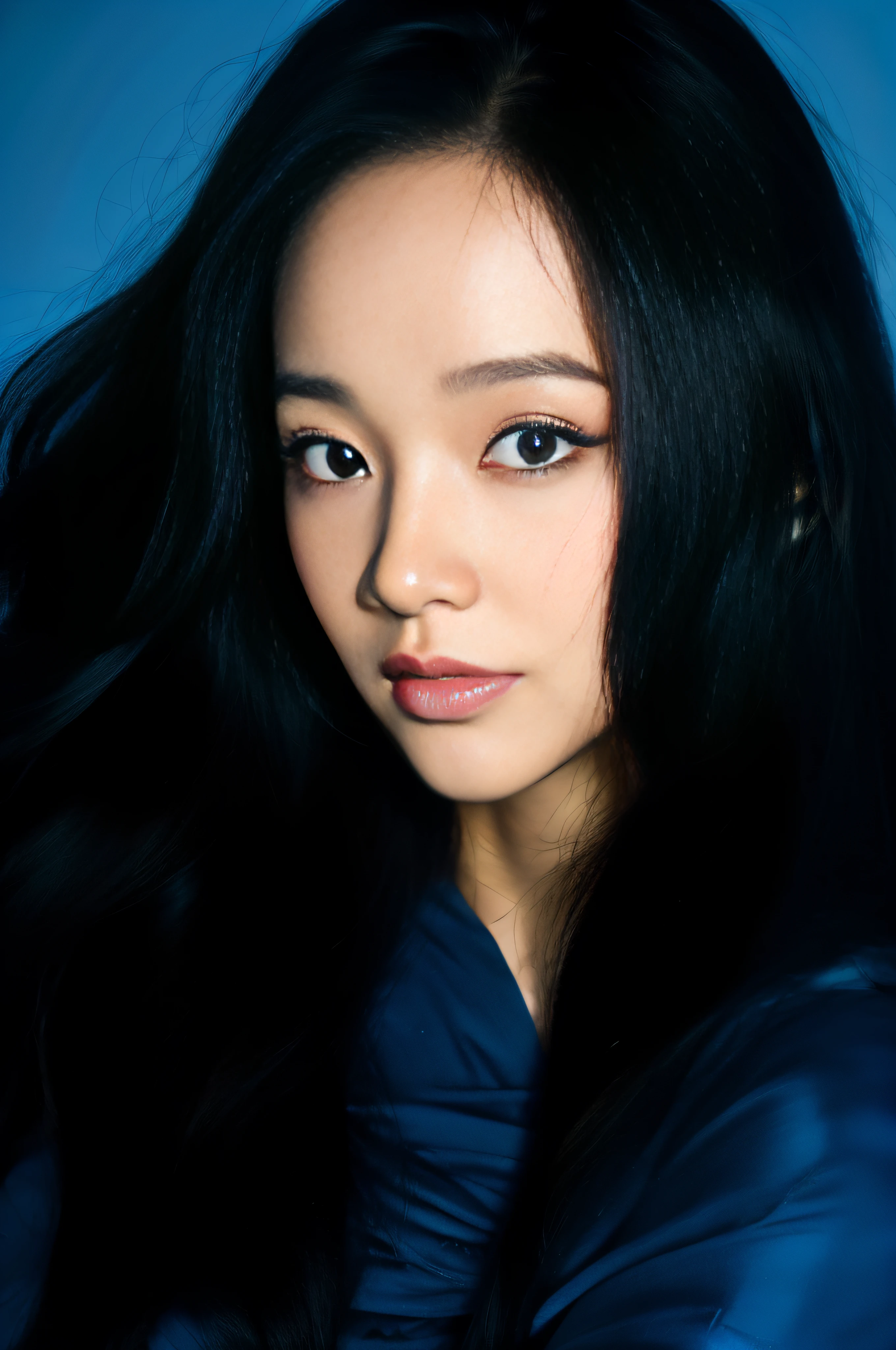 masutepiece, Best Quality, High Detail CG 8K Wallpapers, beautiful expression, Sea blue background, long curls with black hair, ((Blue Sil Clone Fashion Costume with Blue Swirlage Pattern)), Face front, Emotionally rich facial expressions, Bright lighting settings in portrait close-up photo studio, Studio, ((No teeth without opening the mouth)).