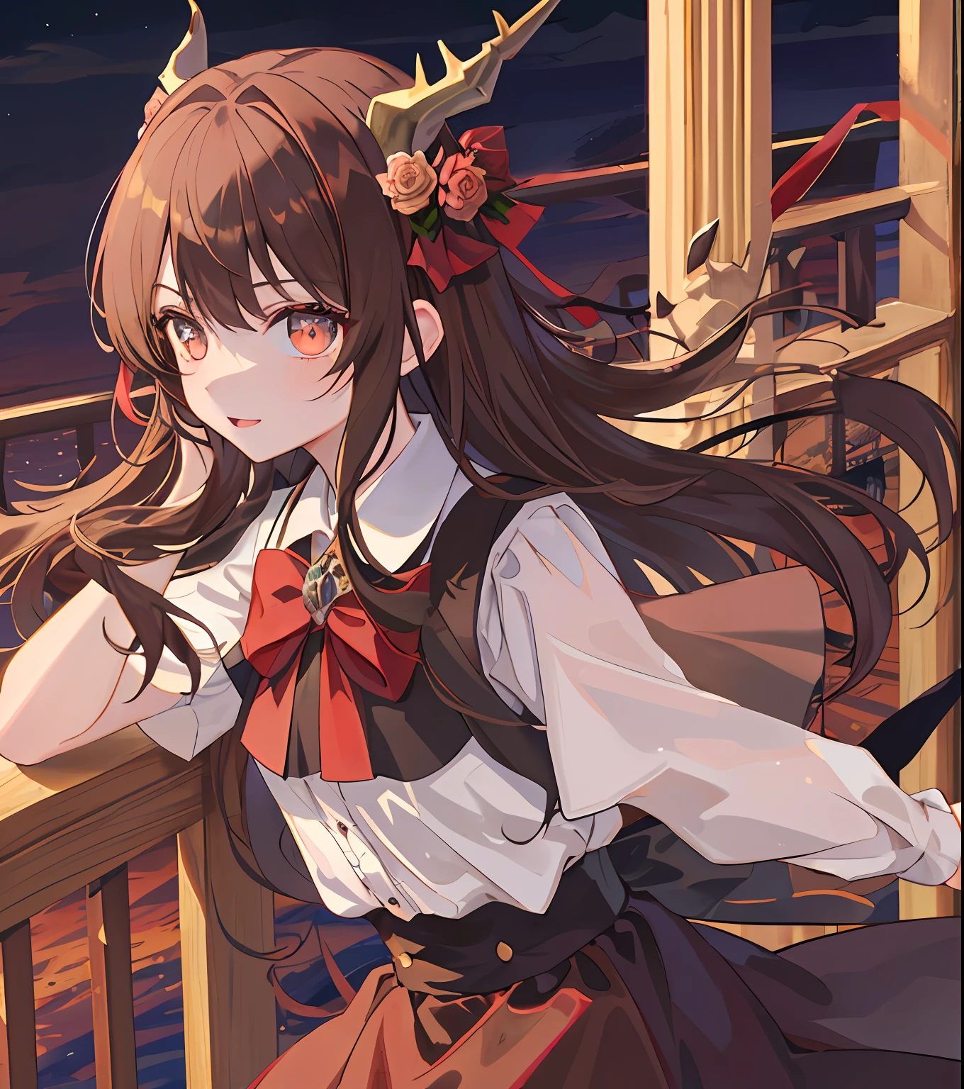 Masterpiece quality,The best quality assurance。A brown hair、Cute girl with golden eyes。Tsundere,Wearing a short Gothic skirt,Exudes magic,With a rose headdress,English-style top,Long hair flutters in the wind,Mischievous,adolable,devil horns,the sea,nigth