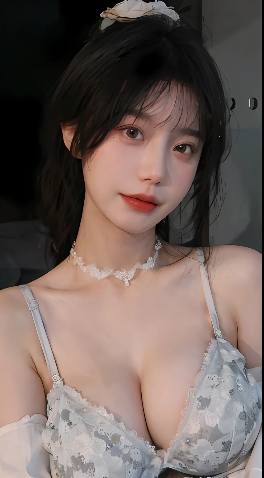 best qualtiy, 超高分辨率, (realisticlying:1.4), A girl, A pair of clear and moving peach blossom eyes,Royal Sister,(Sea of White Roses:1.4),(choker necklace:1.2)(Fair skin:1.2),a sense of atmosphere,a beauty girl, ssmile,head straight-looking at viewer, closeup cleavage ,(Photorealistic:1.4),1girll,Sexy,(Black lace bra:1.4),(Big breasts:1.9),(Upper body:1.4),(Wet body),(:1.2)