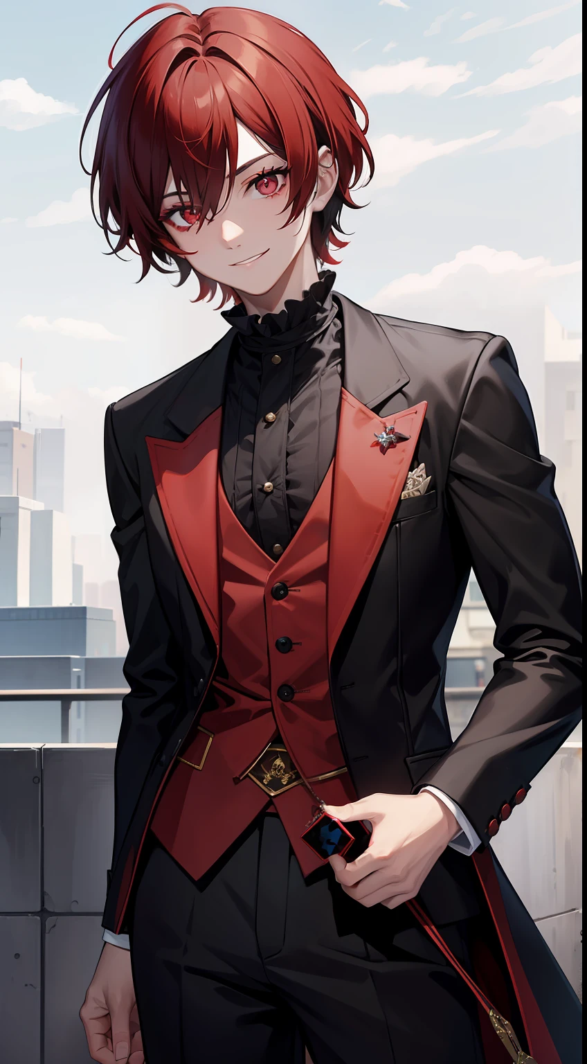 Young guy, short black or red hair, The eyes are red, The shape of the royal jester, ssmile, clown makeup, Masterpiece, hiquality