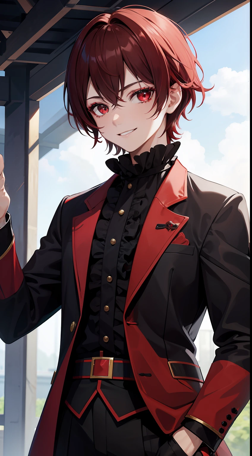 Young guy, short black or red hair, The eyes are red, The shape of the royal jester, ssmile, clown makeup, Masterpiece, hiquality