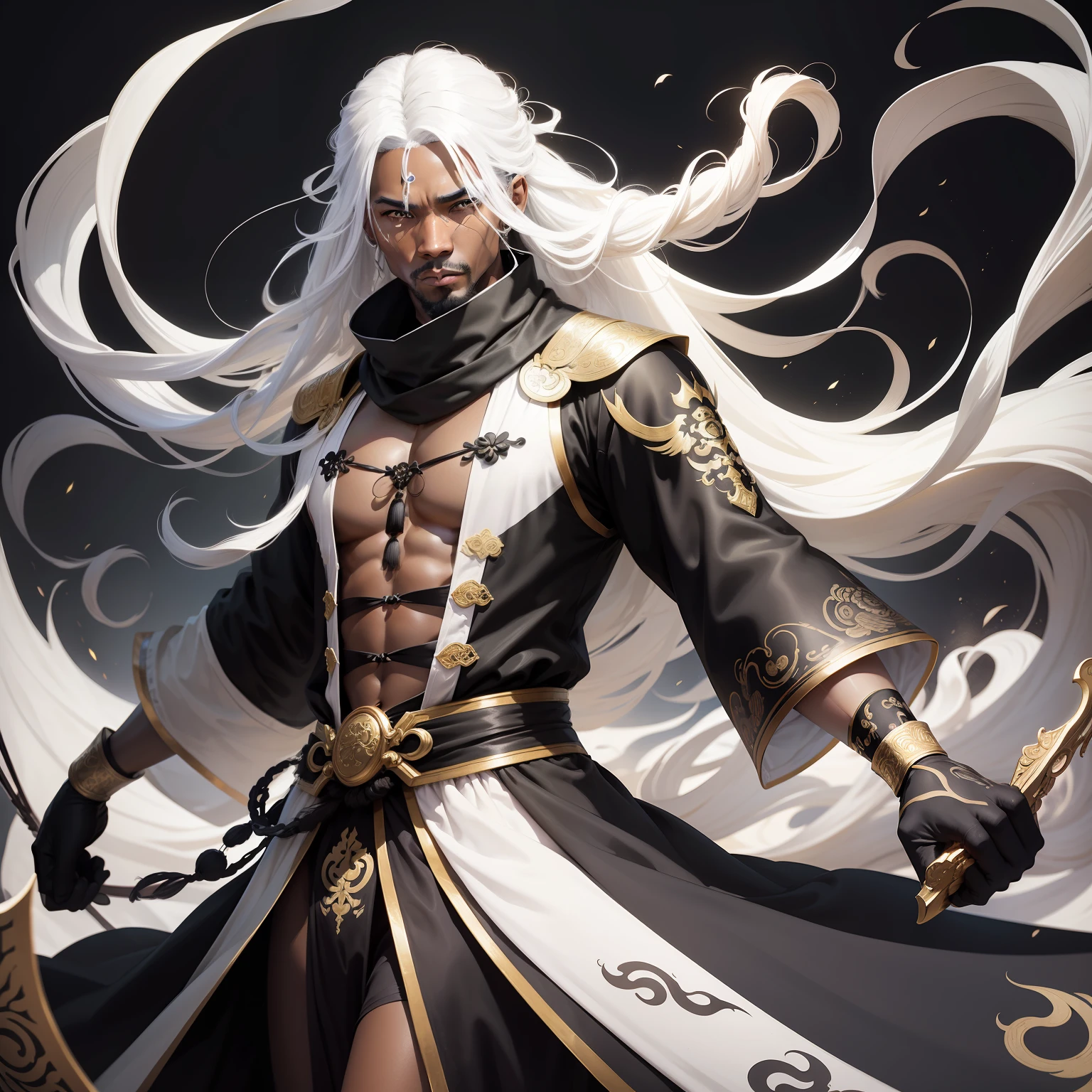 A black-man with long white hair and black scarf black eye patch, dressed in ancient Chinese clothing, flowing tulle, light silk, lazy pose, ink painting style, clean colors, decisive cut, white space, freehand, masterpiece, super detailed, epic composition, high quality, highest quality, gold and black