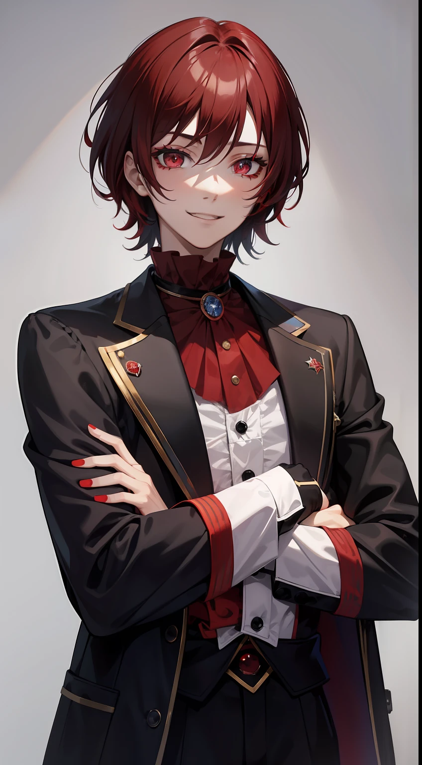 Young guy, short black or red hair, The eyes are red, The shape of the royal jester, ssmile, clown makeup, Masterpiece, hiquality