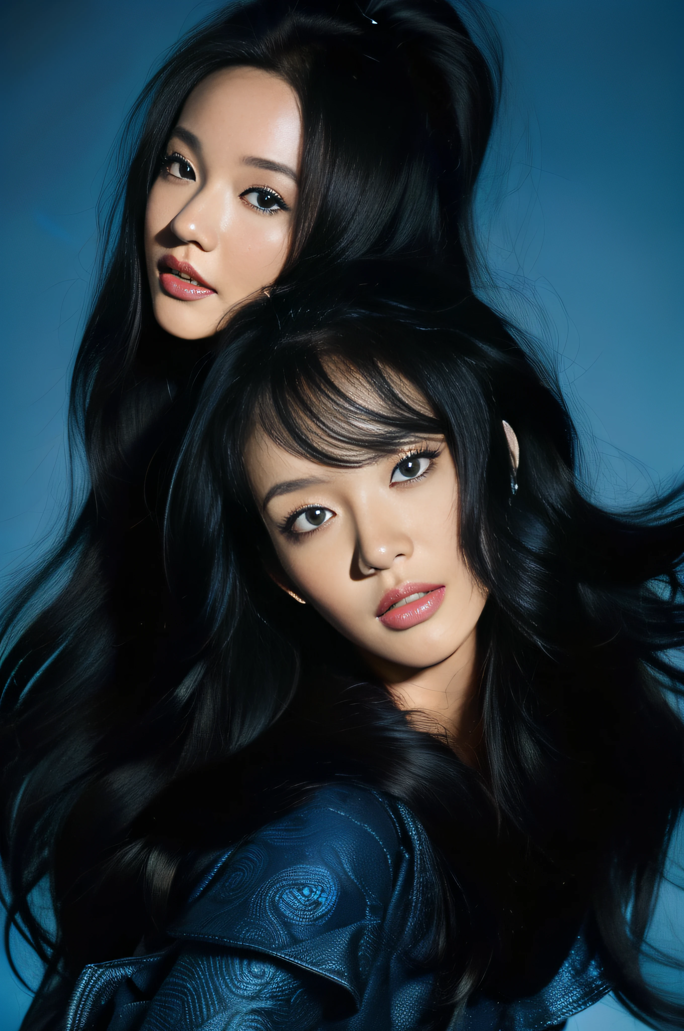 masutepiece, Best Quality, High Detail CG 8K Wallpapers, beautiful expression, Sea blue background, long curls with black hair, ((Blue Sil Clone Fashion Costume with Blue Swirlage Pattern)), Face front, Emotionally rich facial expressions, Bright lighting settings in portrait close-up photo studio, Studio, ((No teeth without opening the mouth)).
