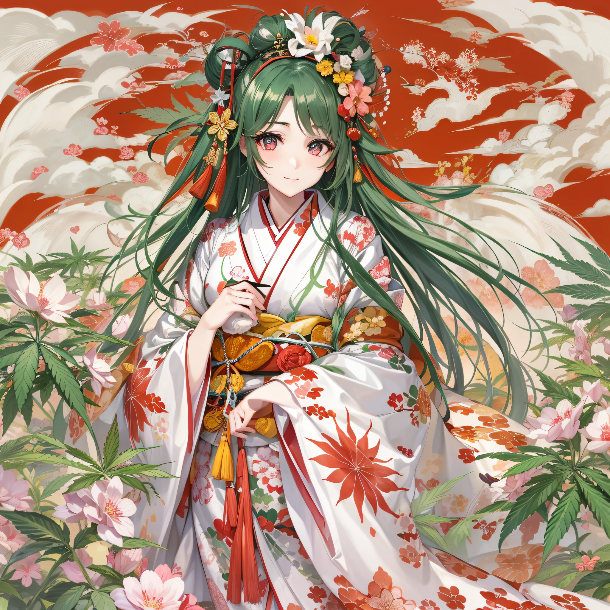Japan myths、Amaterasu、Queen of Cannabis、Wear a kimono based on red and white、Anime style、top-quality、Super beautiful shape、younggirl