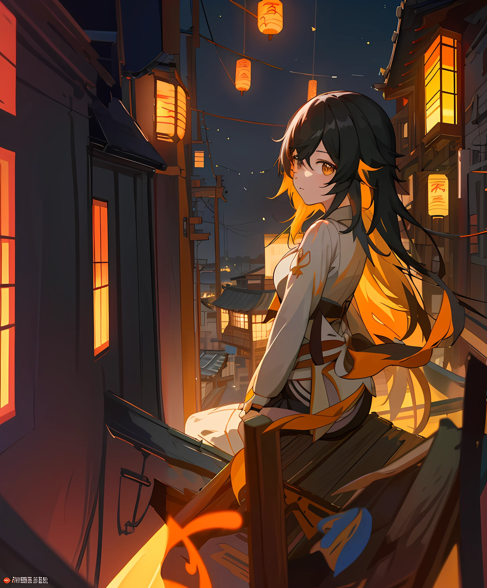 Anime girl sitting on rooftop，Has long white hair，One leg is bent in black silk，The other leg is straight bare，The background is a lantern, Artgerm and Atey Ghailan, by Yang J, atey ghailan 8 k, Kawasi, Keqing from Genshin Impact, Anime art wallpaper 8 K, Guviz-style artwork, Guweiz in Pixiv ArtStation, trending on artstation pixiv