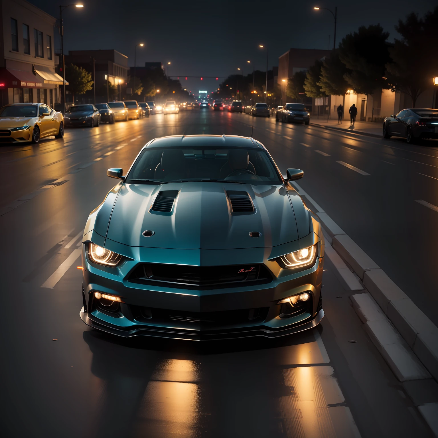 a supercharged muscle car with custom wheels drives downtown at night. Editorial photo, cinematic lighting