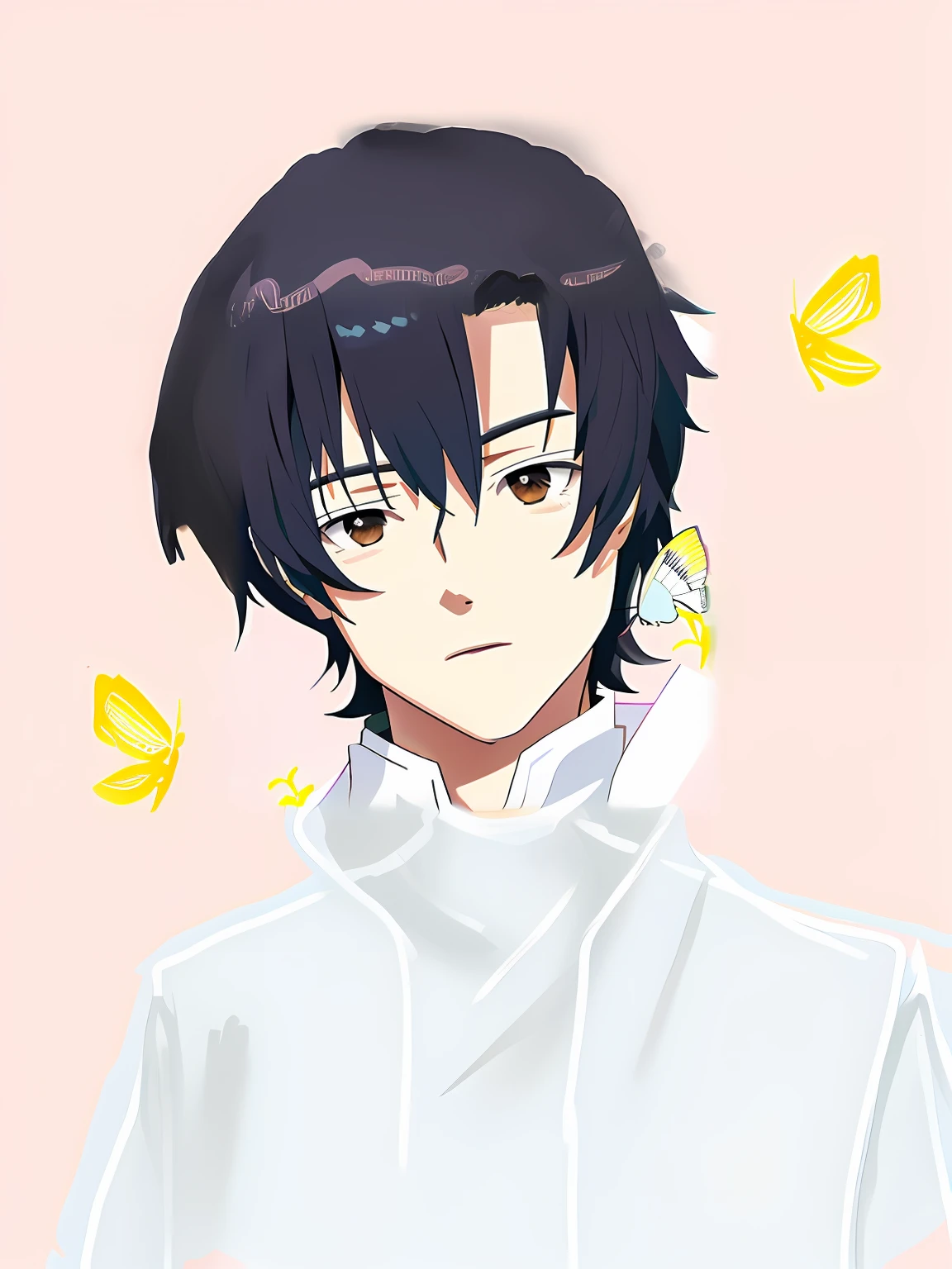 Anime boy with black hair and white shirt with yellow butterfly,Ye Xiu, inspirado em Okumura Masanobu, inspired by Matsumura Goshun, in an anime style, inspired by Un'ichi Hiratsuka, inspired by Okumura Togyu, Anime moe art style, In anime style, Male anime style, koyoharu gotouge