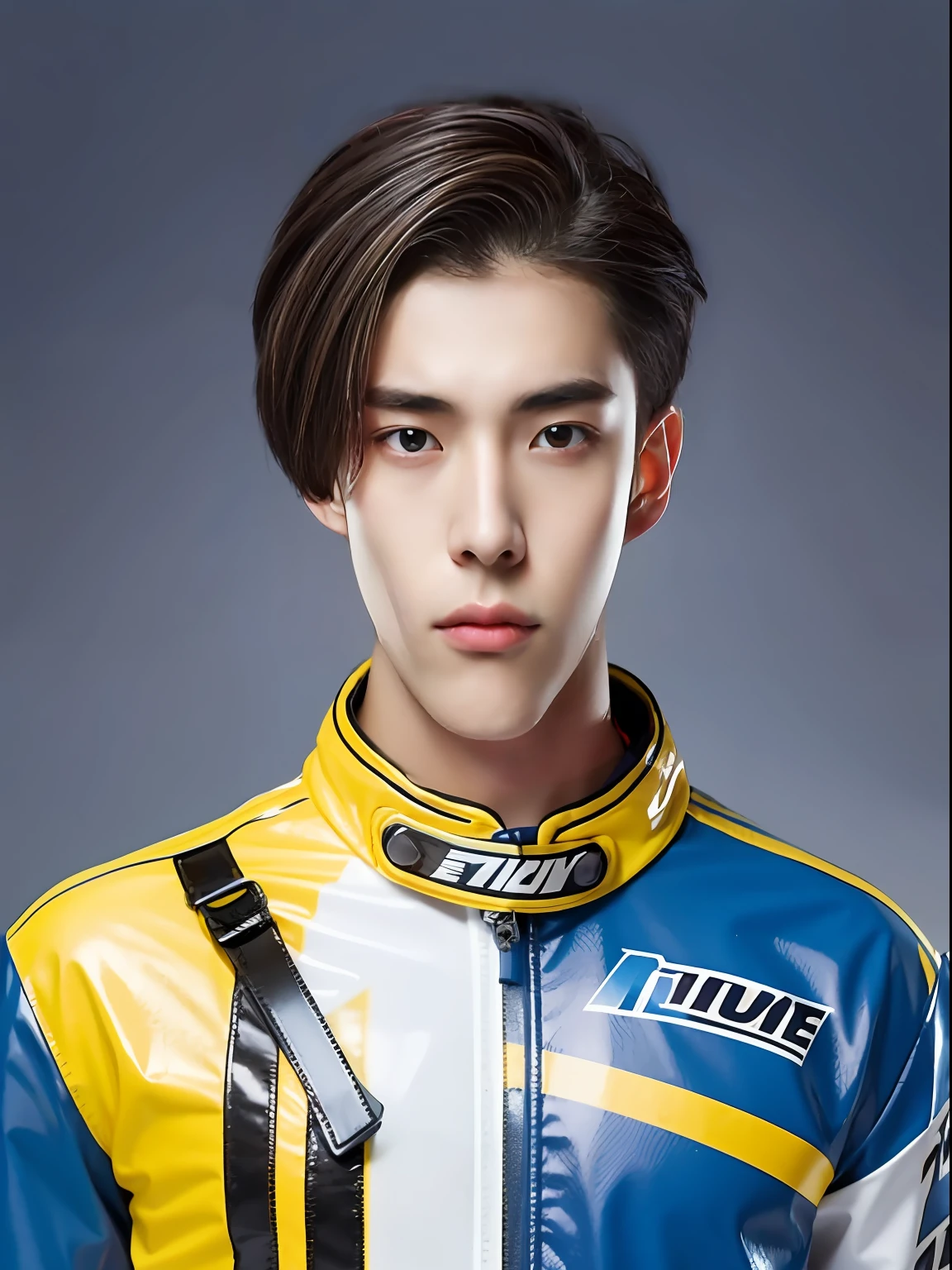 17-year-old male high school student,Wear a PVC yellow and blue racing suit,short detailed hair,Hair with oblique bangs,Hair color: grayish blue, pick dye