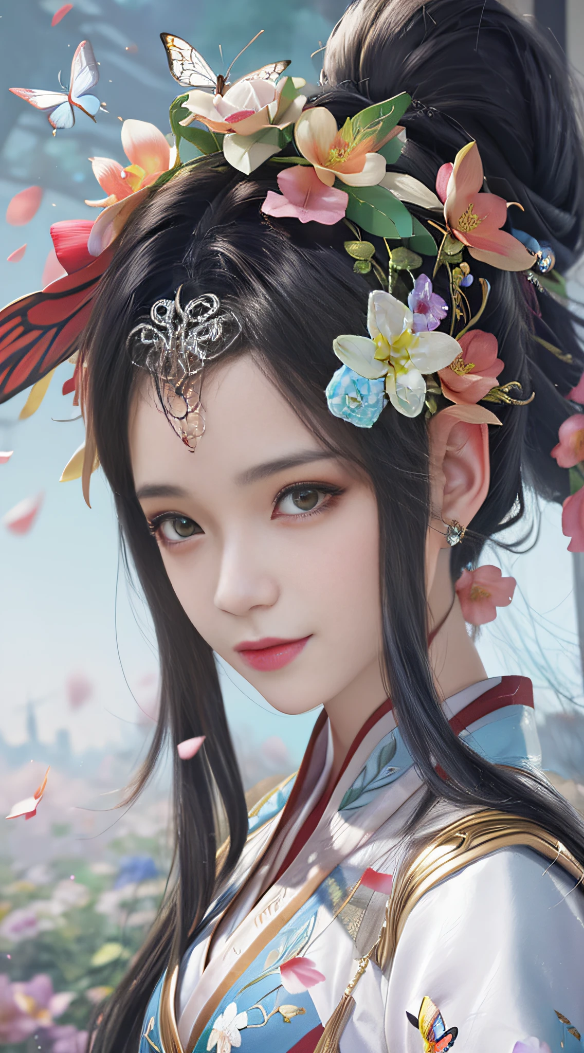 There are flowers on the hair,Anime girl with butterflies in her hair, Guviz-style artwork, Guviz, guweiz masterpiece, trending on cgstation, a beautiful fantasy empress, Beautiful digital artwork, Palace , A girl in Hanfu, Detailed digital anime art, Beautiful character painting, 4k highly detailed digital art, Chinese fantasy