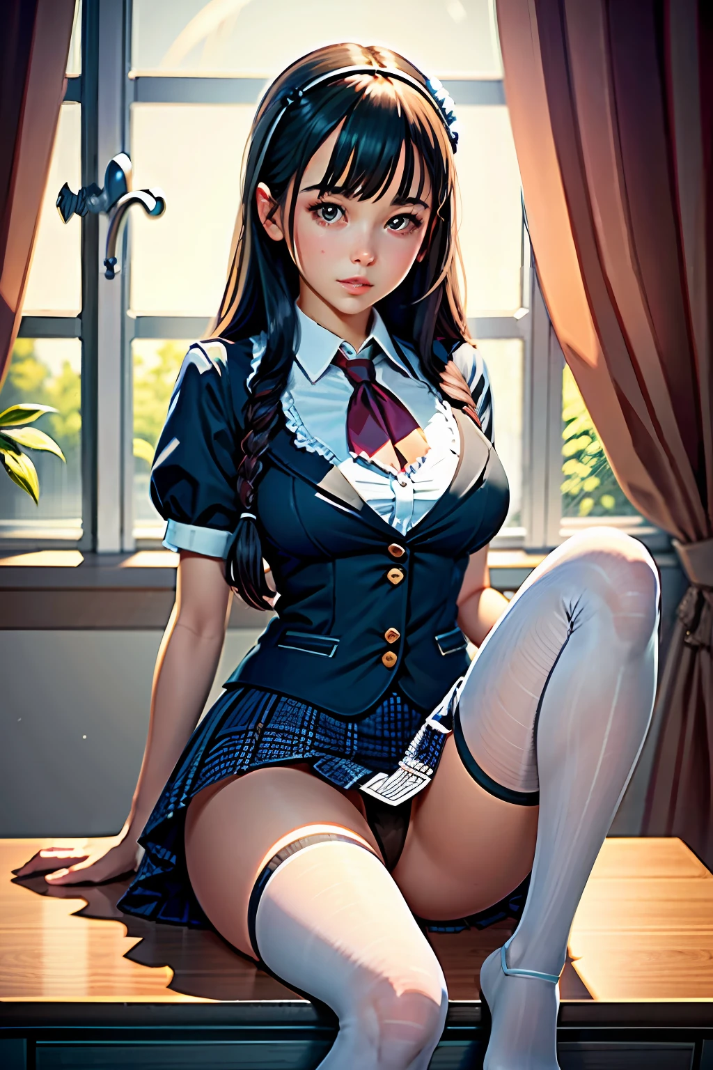 (Best quality, Ultra detailed, illustration, Masterpiece),
Curtains, bodystocking, 1girll, school uniform, school skirt,Open clothes, Breasts,Panties exposed,The bra can be seen,Leg to knee