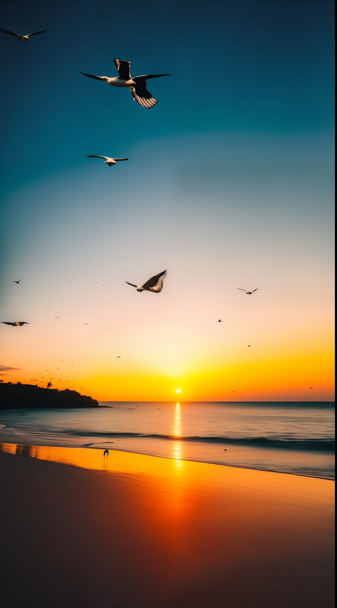 An absolutely mesmerizing sunset over the beach, com uma mistura de laranjas, Roses and yellows filling the sky. The crystal clear waters of the sea gently kiss the coast, com uma praia de areia branca que se estende por toda parte. The scene is dynamic and breathtaking, with seagulls flying high in the sky and palm trees swaying gently. Soak up the soothing atmosphere and let the tranquility take over you. Na cidade de Natal RN.
