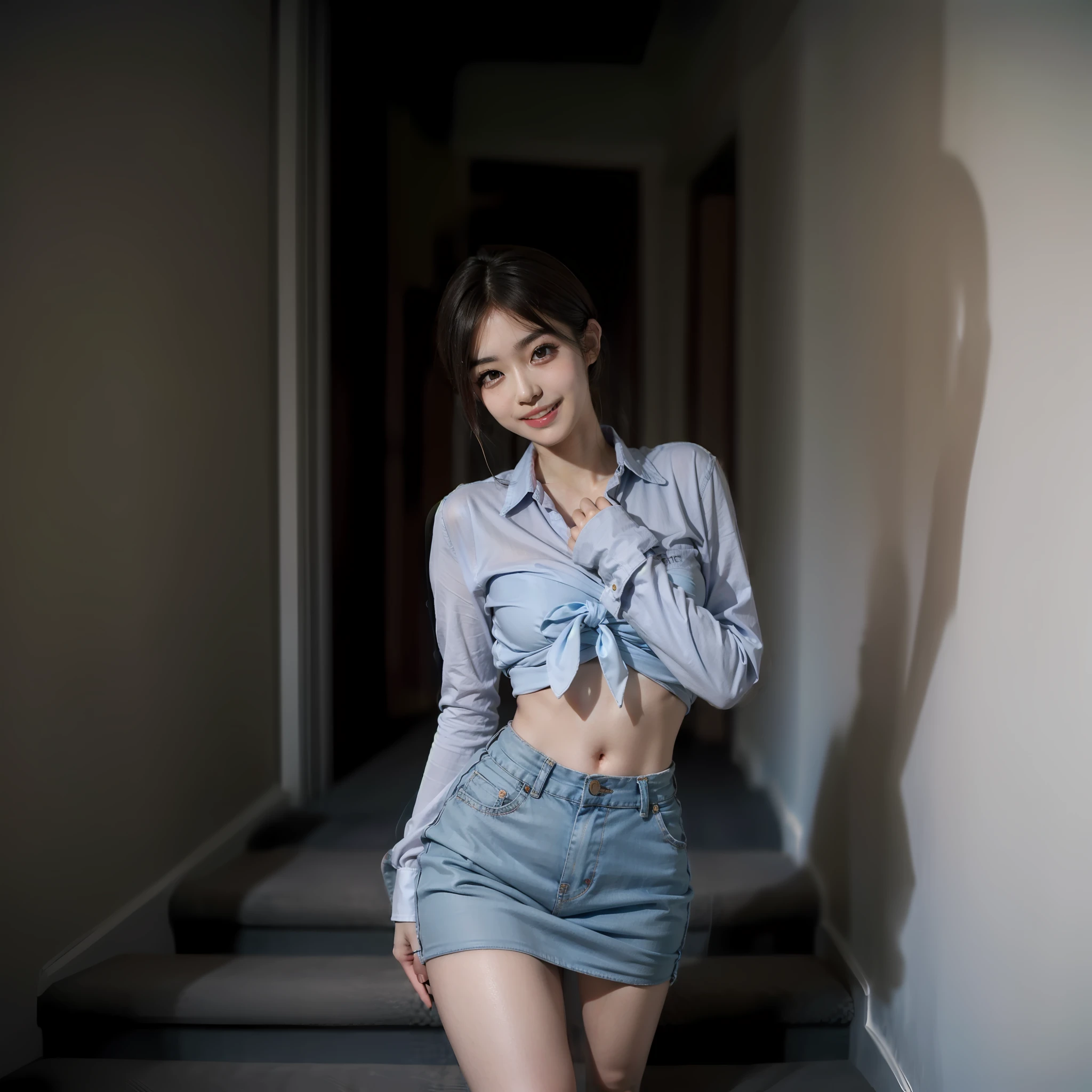 Gray eye,Korean school uniform,Summer uniform shirt,Ribbon Ties,a skirt,Bright blonde hair,school stairs,Go down the school stairs,Chest thrust pose,Chest bragging pose,8K original photos,A high resolution,16-year-old Koreans are cool,very large round breasts,beautiful eyes in detail,long eyelasher,beautiful double eyelid,eye shadows,eyes liner,Elongated eyes,Elongated eyes,Elongated eye shape, Sanbai's eyes,evil grin smile,Evil expression,Beautiful very thin legs,Beautiful very thin thighs,Random medium hair,Hair tied behind the head,Raised sexy,Show your hips,Show the legs
