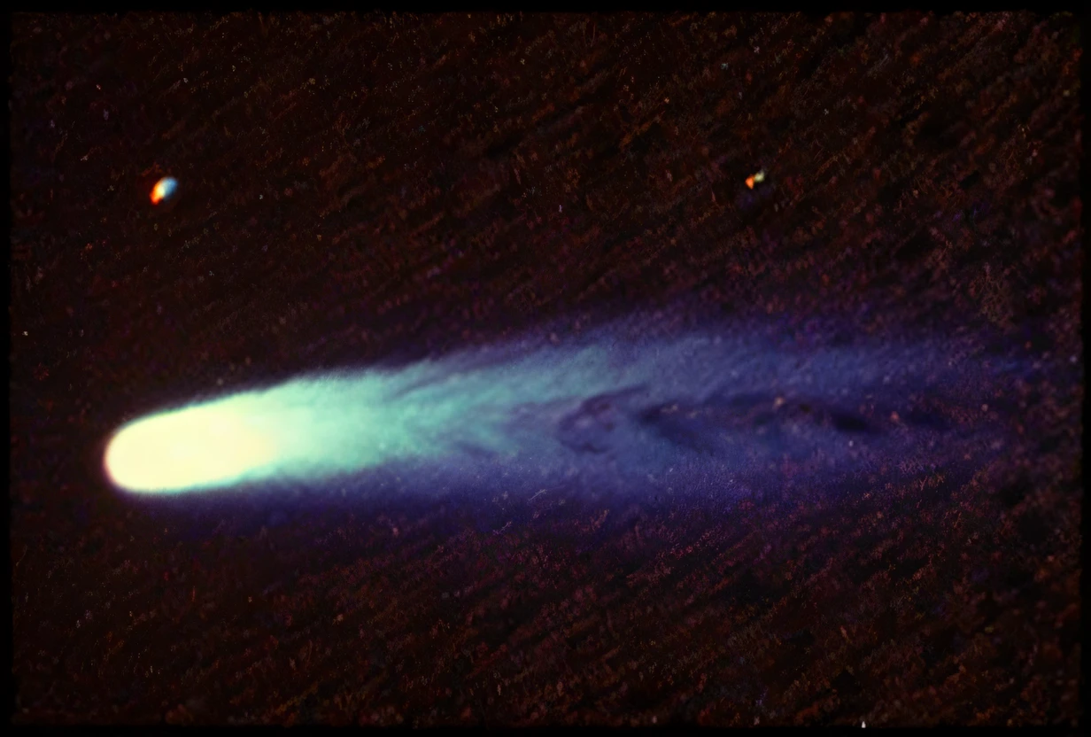 a close up of a comet with a bright blue tail, comets, comet, panspermia, nasa photo, nasa photograph, cybermagnetosphere, blue fireball, stardust in atmosphere, very grainy image, realistic textured magnetosphere, nasa image, luminescent wisps, nebulous, extremely grainy, unexplained phenomena
