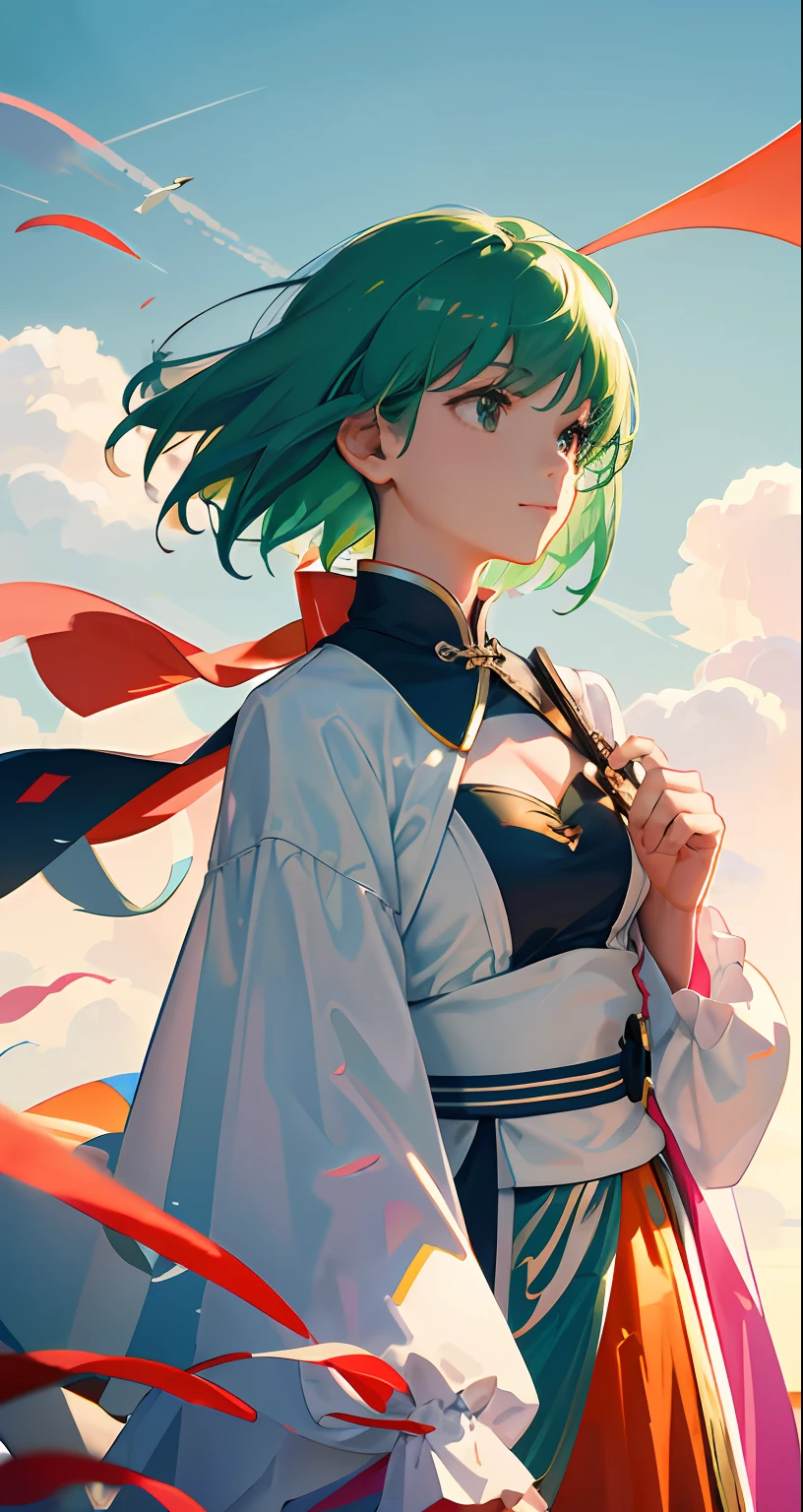 tmasterpiece,best qualtiy,cinematic Film still from,1girll,Floating in the sky,Cloud Girl,clouds,(closeup cleavage:1.1),brightly,cheerfulness,intriguing,gentlesoftlighting,(bauhause,Shape,lineworks,abstracted:1.1),Dark green hair,short detailed hair,Black eyes,Chinese outfit,eye glass,the night