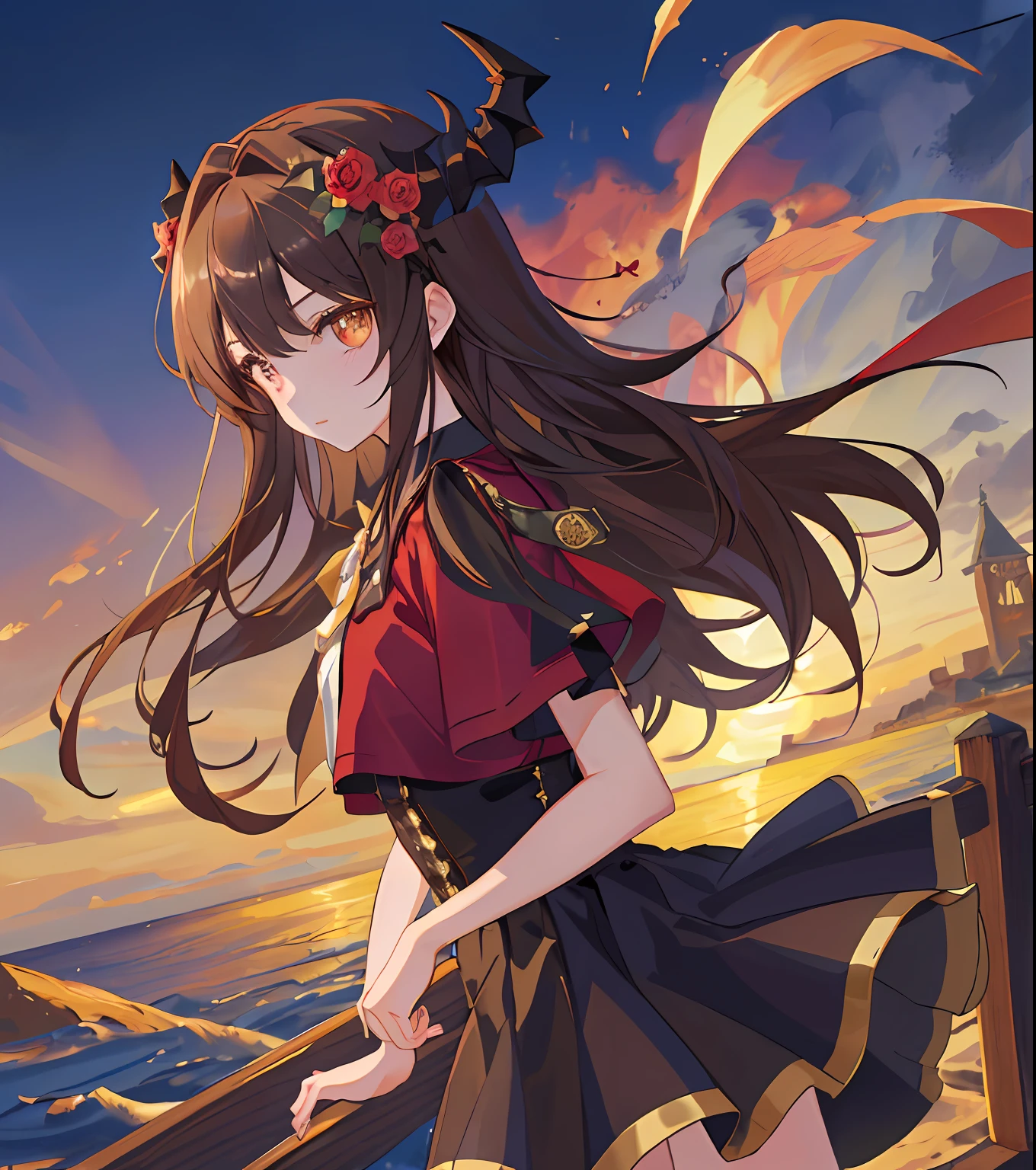 Masterpiece quality，The best quality assurance。A brown hair、Cute girl with golden eyes。Tsundere，Wearing a short Gothic skirt，Exudes magic，With a rose headdress，English-style top，Long hair flutters in the wind，naughty，adolable，devil horns，the sea，nigth