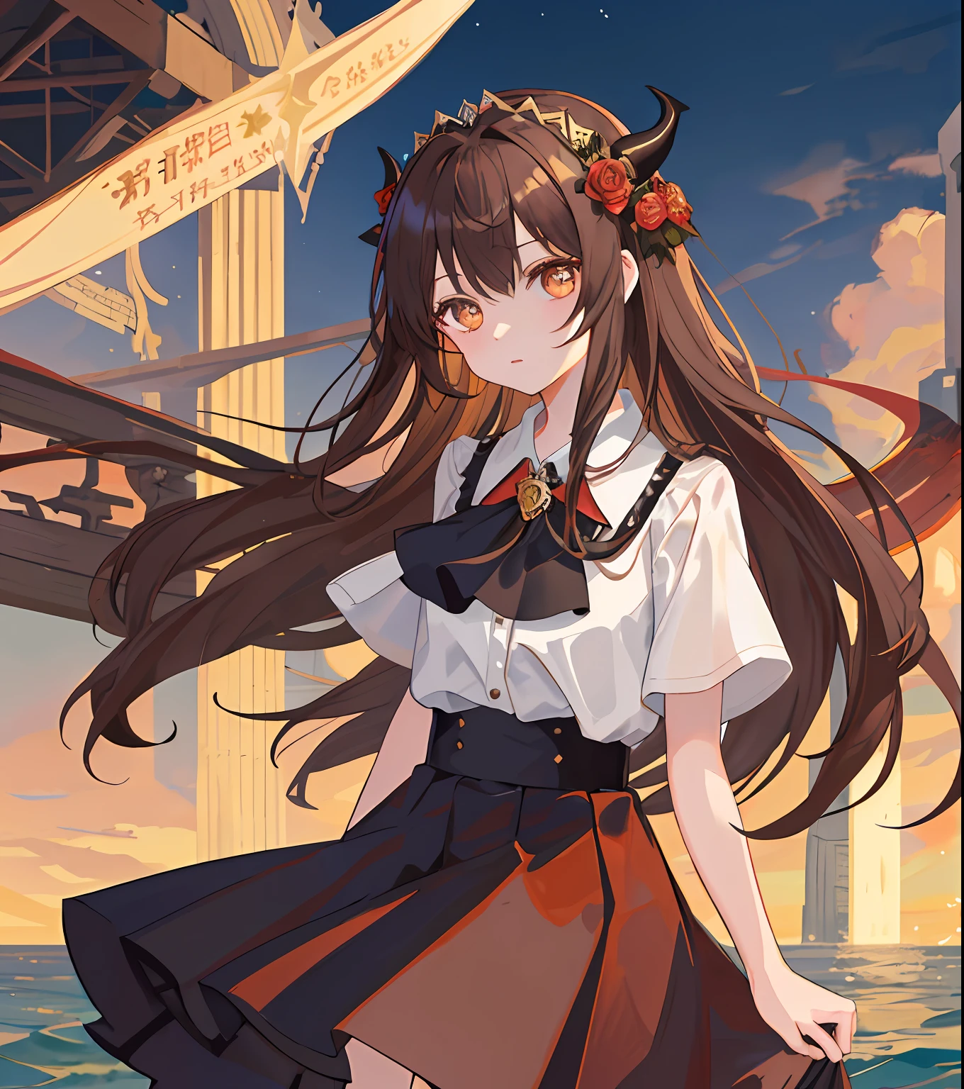Masterpiece quality,The best quality assurance。A brown hair、Cute girl with golden eyes。Tsundere,Wearing a short Gothic skirt,Exudes magic,With a rose headdress,English-style top,Long hair flutters in the wind,naughty,adolable,devil horns,the sea,nigth