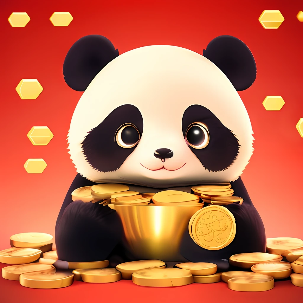 : 3。 panda、Cartoony、Furry animals、dark circles、Surrounded by gold coins、Non-human、Red background