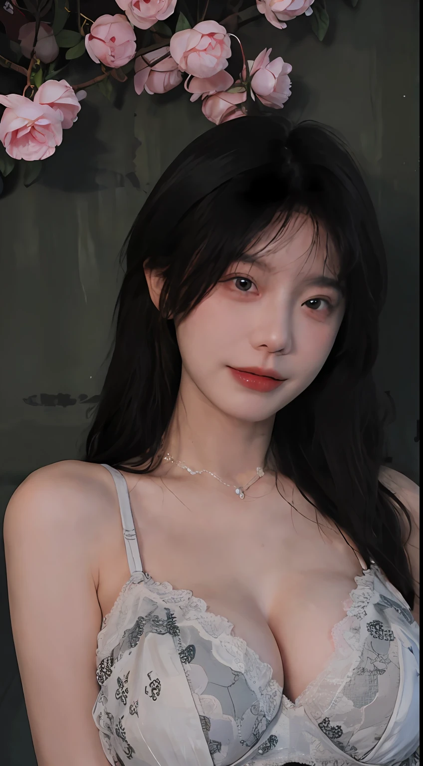 best qualtiy, 超高分辨率, (realisticlying:1.4), A girl, A pair of clear and moving peach blossom eyes,Royal Sister,(Sea of roses:1.4),(choker necklace:1.2)(Fair skin:1.2),(full bodyesbian:1.2)a sense of atmosphere,a beauty girl, ssmile,head straight-looking at viewer, closeup cleavage ,(Photorealistic:1.4),1girll,Sexy,(Black lace bra:1.4),(Big breasts:1.9),(Upper body:1.4),(Wet body),(:1.2)