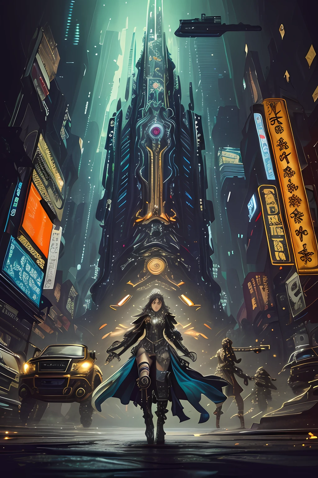 Cyberpunk frog and 5 year old girl、Cyberpunk Gang Full Body、Vibrant poses、mshn robot、Orange-red splashes、Ultra-realistic and complex design、(insanely detaileda:1.4)、(Very fine detail:1.35)、Very sharp lines、steel、电影灯光、Photorealsitic、Detailed paintings by Ayami Kojima and Lilia Alvarado、(top-quality、hightquality、absurderes、intricate detailes、masterpiece、movie)、ighly detailed、motion-blur、 film grains、Noise、Lens effects、