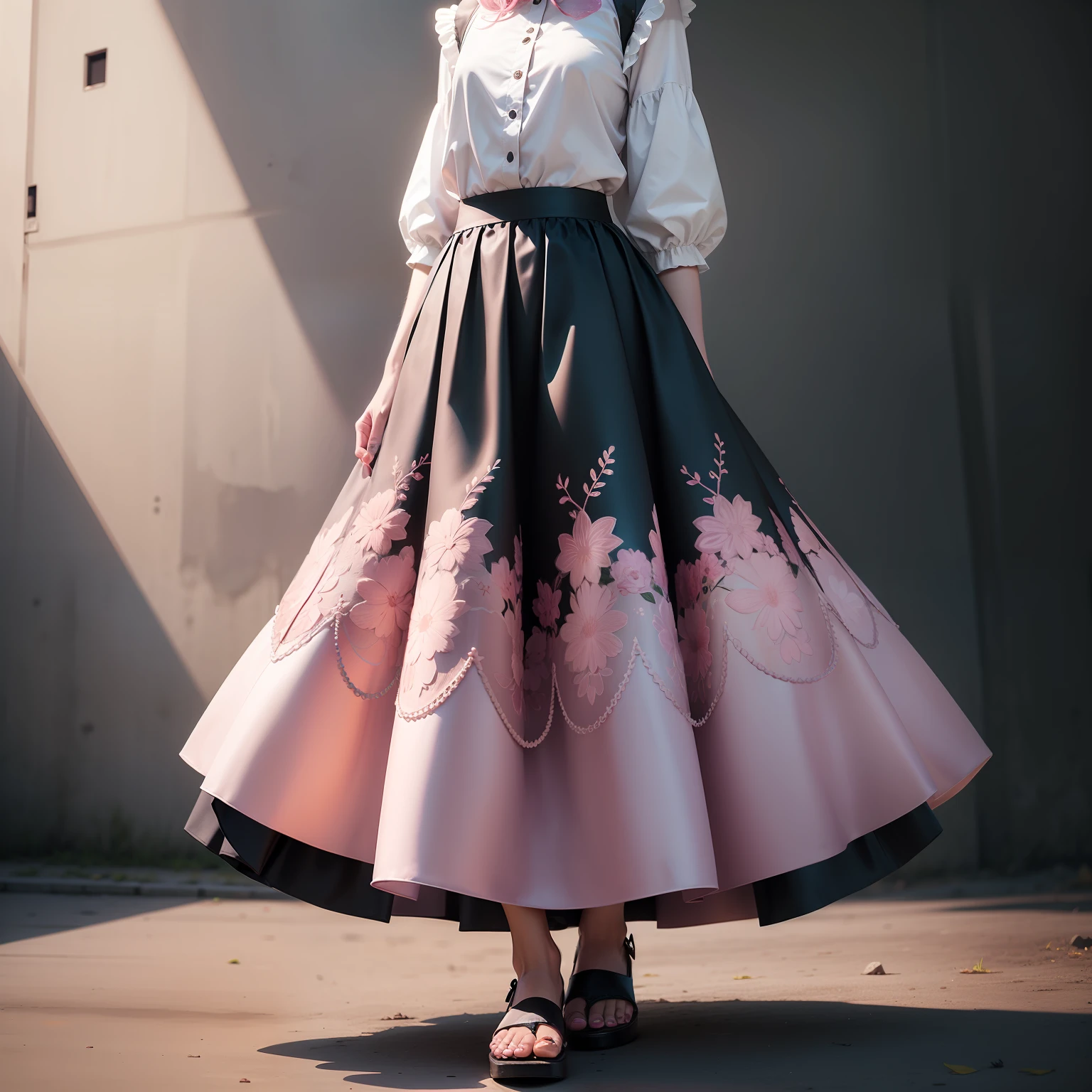 Full body skirt,Satin material,long skirt,Powder Pink,with black background,embroidery