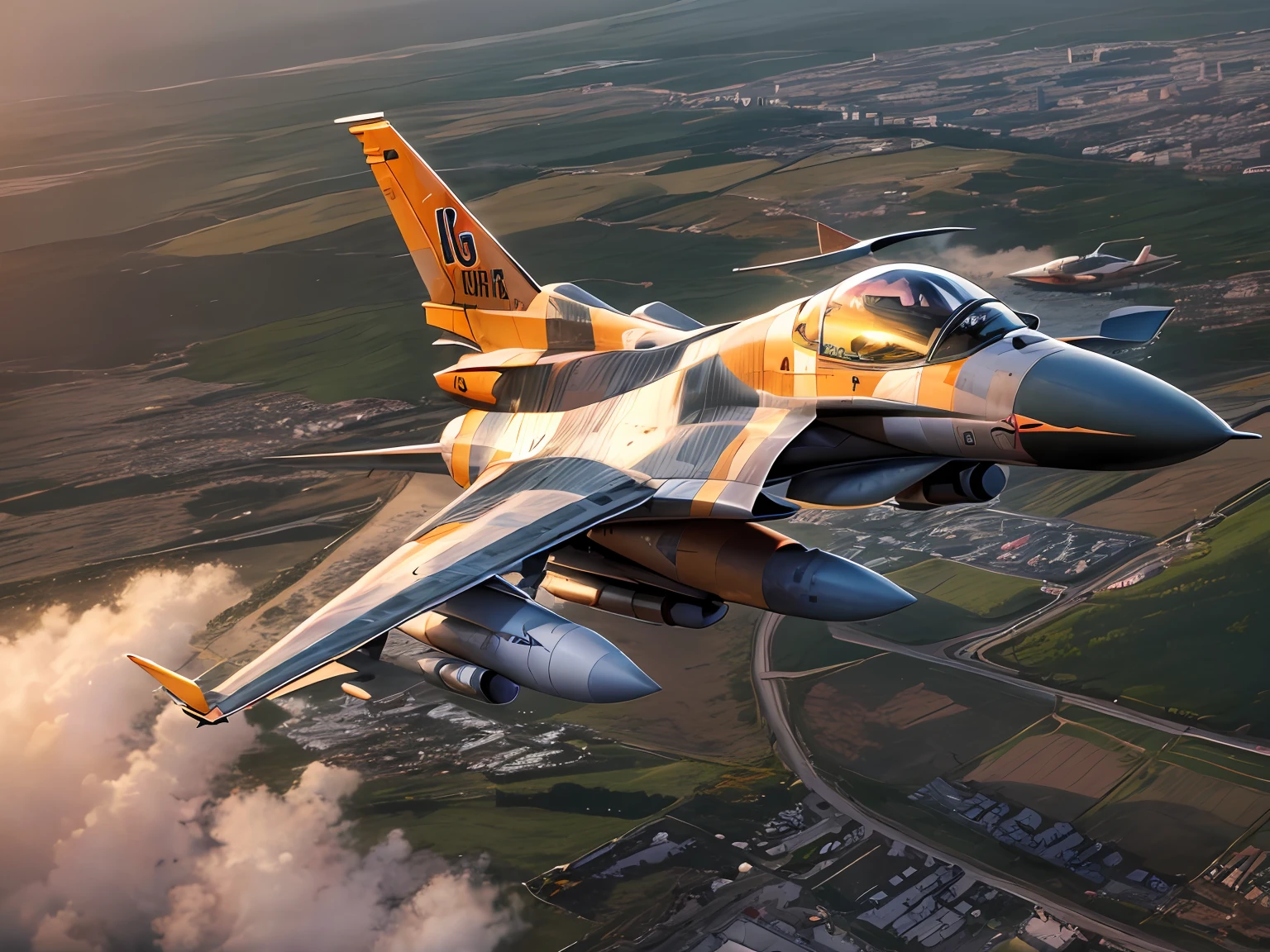 "Obra-prima, realismo impressionante, detalhes minuciosos, 8k, imagem bruta, F16 fighter, plane, aeronave, sunset vibrant sun, paisagem terrestre, chuva intensa."
