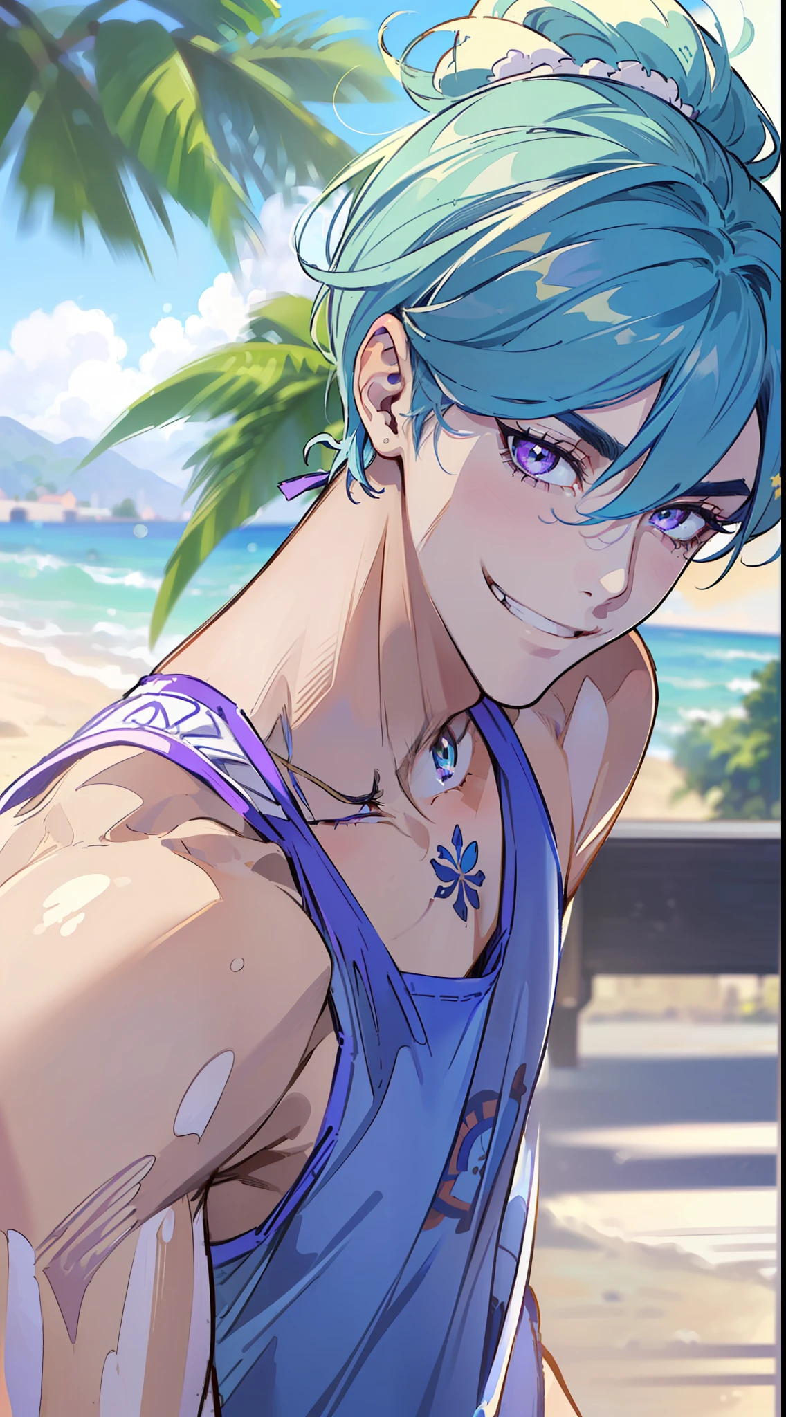 ((highest quality, masterpiece, 4k, finely detailed, detailed eyes, detailed face, intricate details, pixiv, gelbooru, warm colors, beach city background, blue sky, a few clouds, sunny)), (((solo, 1boy, male, mature, masculine, handsome, slight muscles, Kanan_Matsuura_(Love_Live_Sunshine))), (((high ponytail, dark blue hair, light purple eye color, gentle eyes))), (((male briefs, tight tanktop))), (((crossing arms, looking at viewer, cocky expression, extremely smug smile, smirking, eyebrows furrowed)))