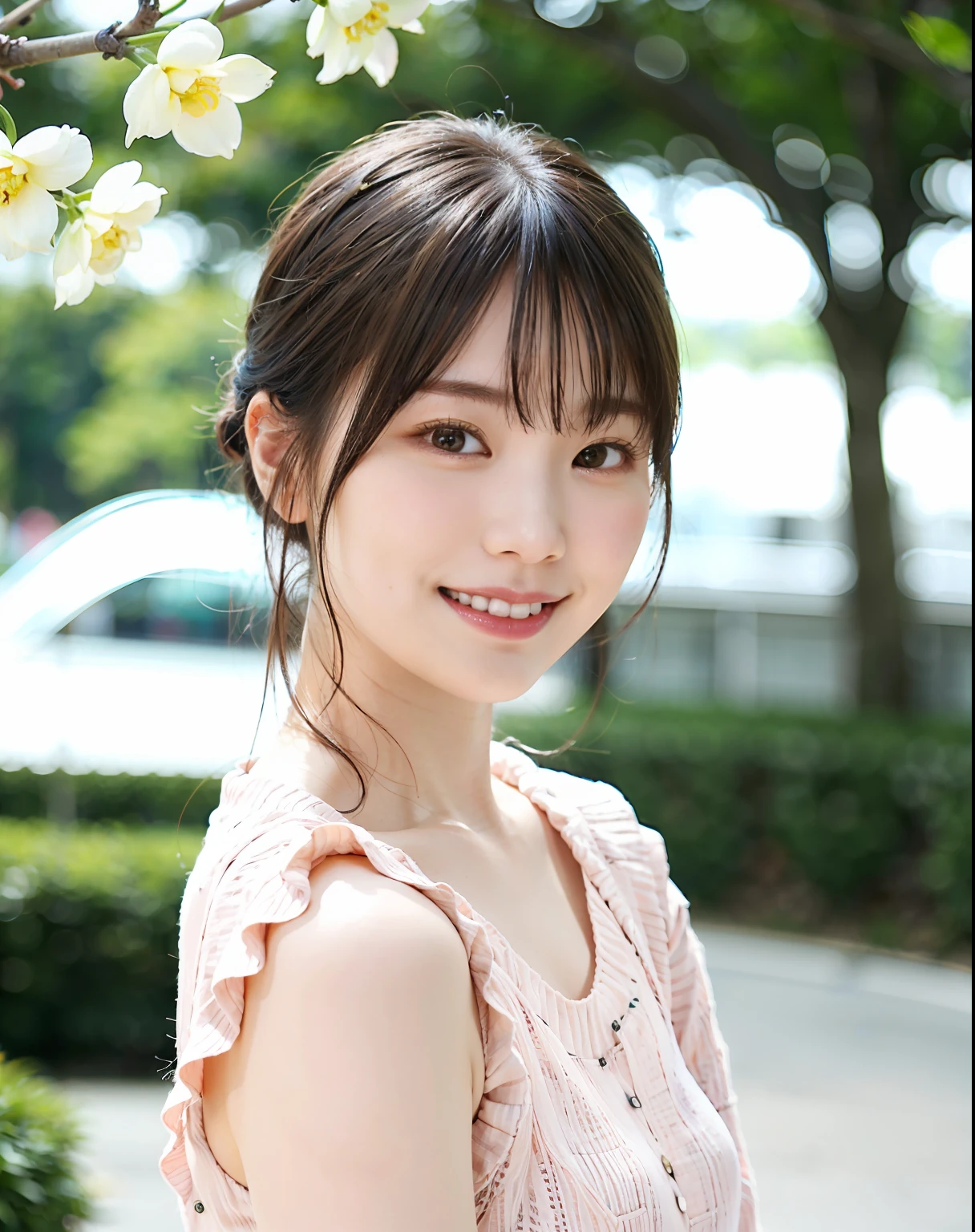 woman posing on cherry background, best quality, girl 1 asian, cute, cute face, textured skin, beautiful smile, bright, blurred background, dating, bokeh, outdoors, (street: 0.8), (people, crowd: 1), short hair 1.2, beautiful sky in detail, (dynamic pose: 1.2), (upper body: 0.8), soft lighting, wind, glossy skin, smile, cherry blossom, Beautiful fine eyes, (sweater: 1.1), (short hair: 1.2), floating hair Nova Frog style,