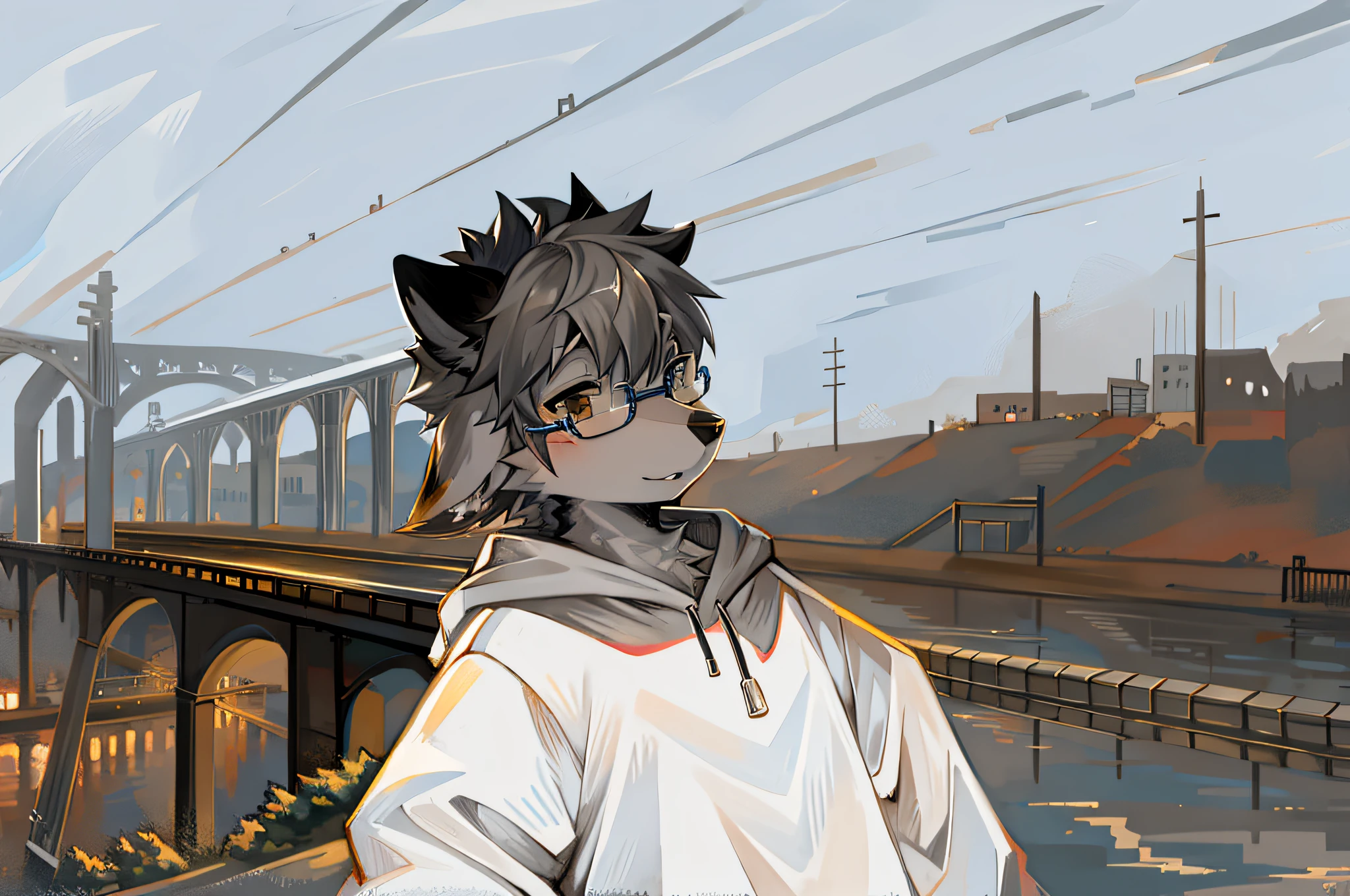 niji,1boy,Furry,grey dog,(White fur:0.5),body fur,Dog ears,Cute face,Glasses,white hoodies,river,railway bridge,solo