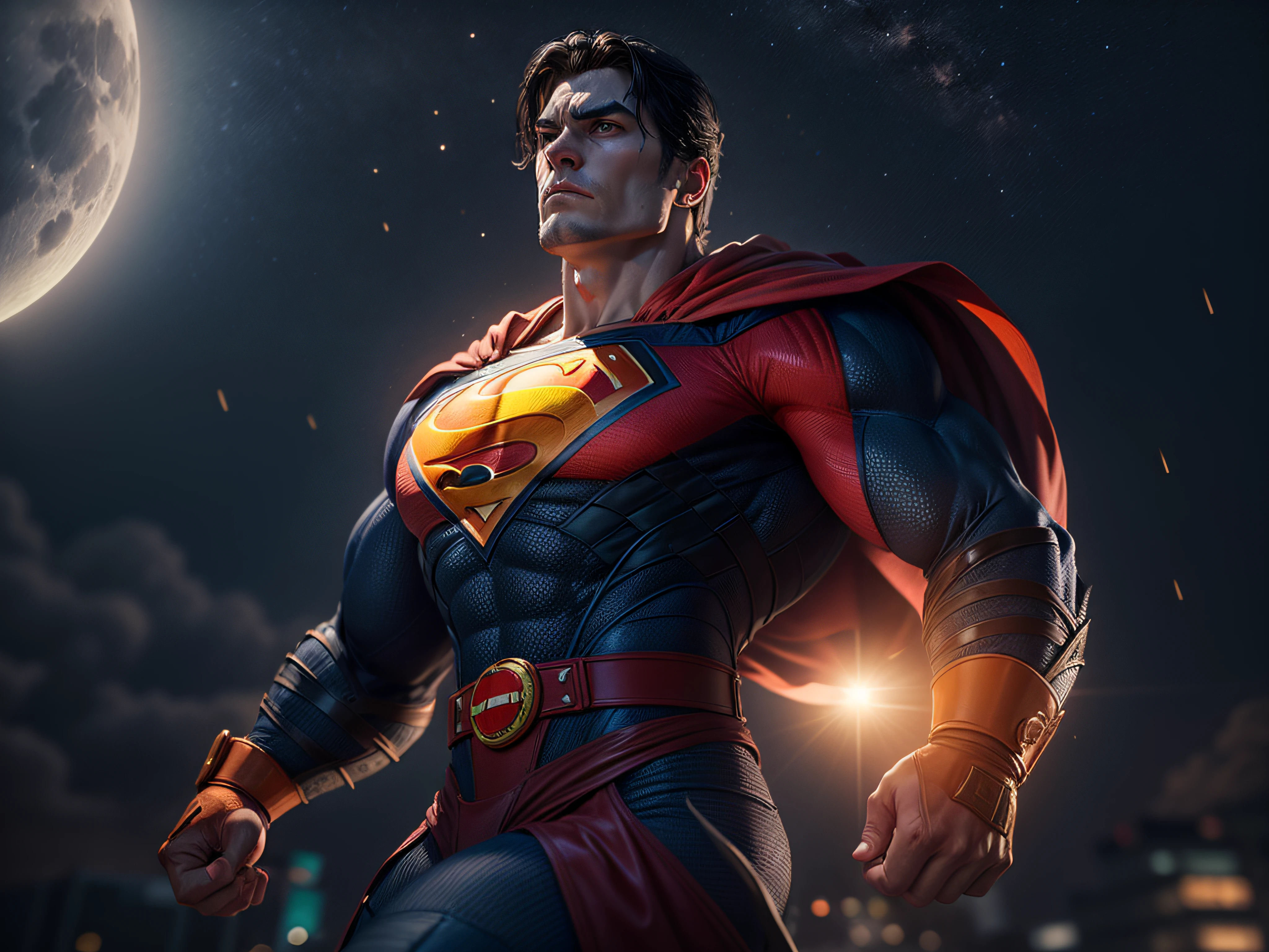 Close a powerful threat, The imposing appearance of the mighty Superman dressed in orange uniform, menacing stare, ricamente detalhado, Hiper realista, 3D-rendering, obra-prima, NVIDIA, RTX, ray-traced, Bokeh, Night sky with a huge and beautiful full moon, estrelas brilhando, 8k,