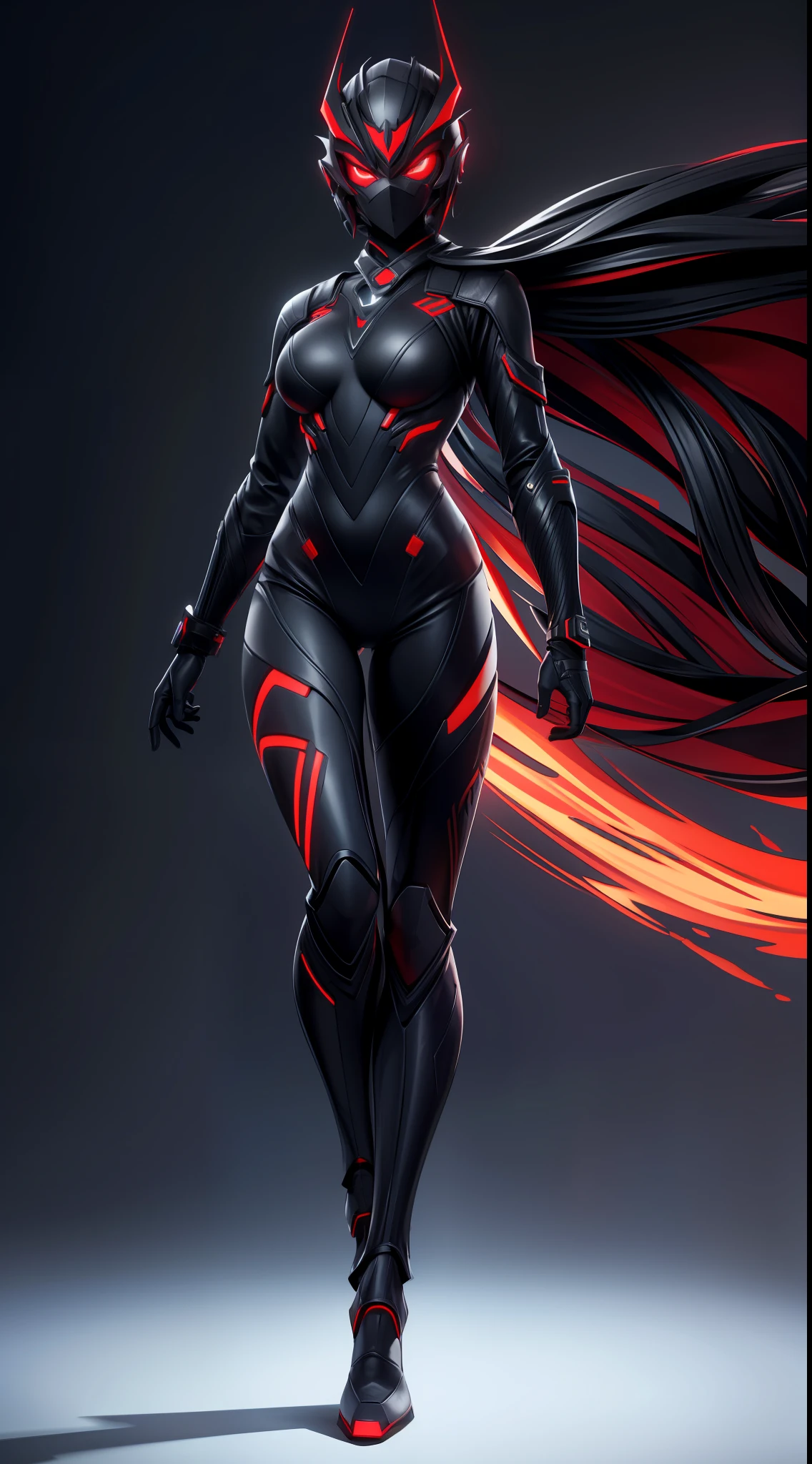 solo, super fine photo, full body picture Unreal Engine 5 8K UHD of beautiful girl, wearing futuristic black tight battle suit, full face mask, futuristic neck collar, red light details, dark makeup, best quality, masterpiece, unified 8k wallpaper, super detailed, sharp focus, dynamic pose
