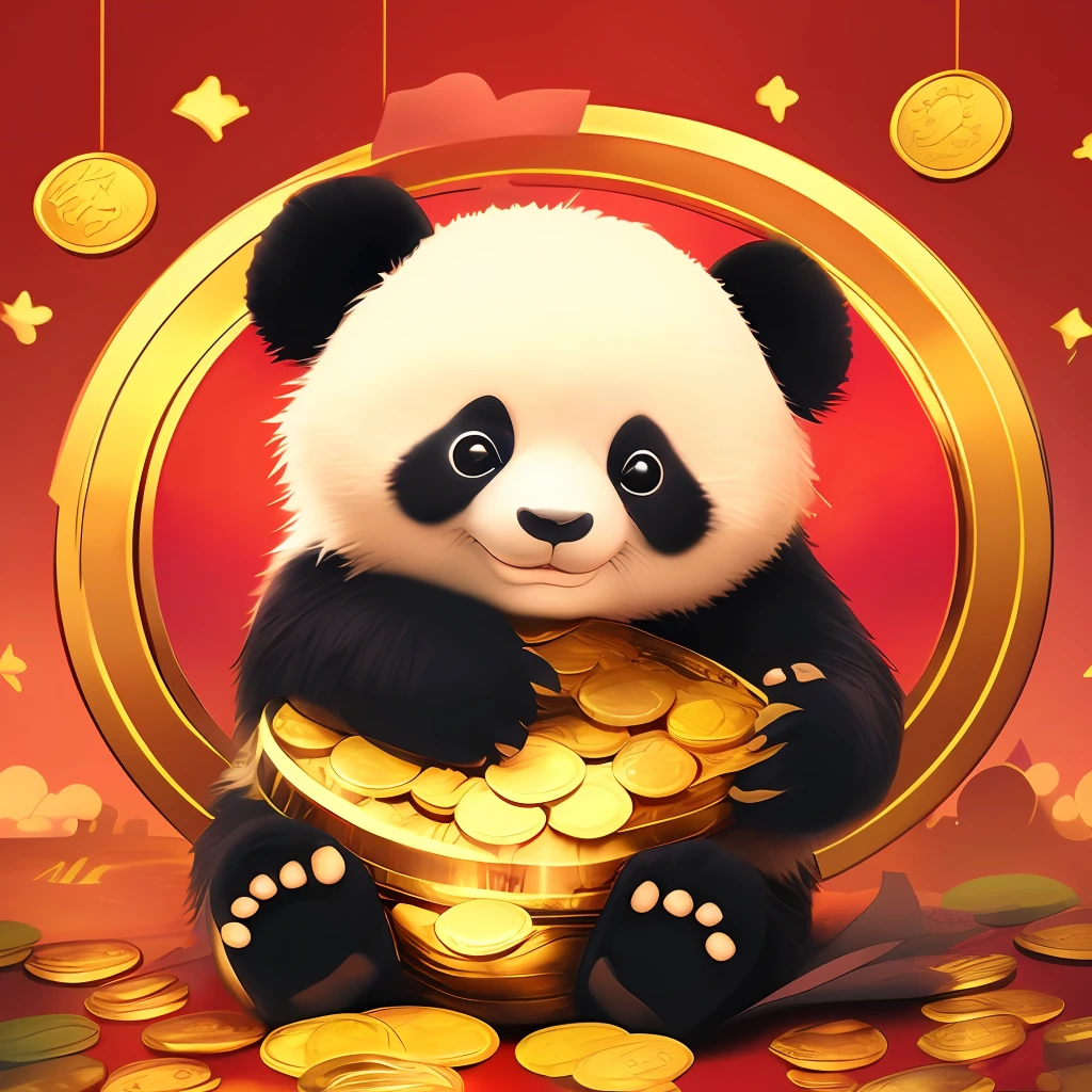 : 3。 panda、Cartoony、Furry animals、dark circles、Surrounded by gold coins、Non-human、Red background