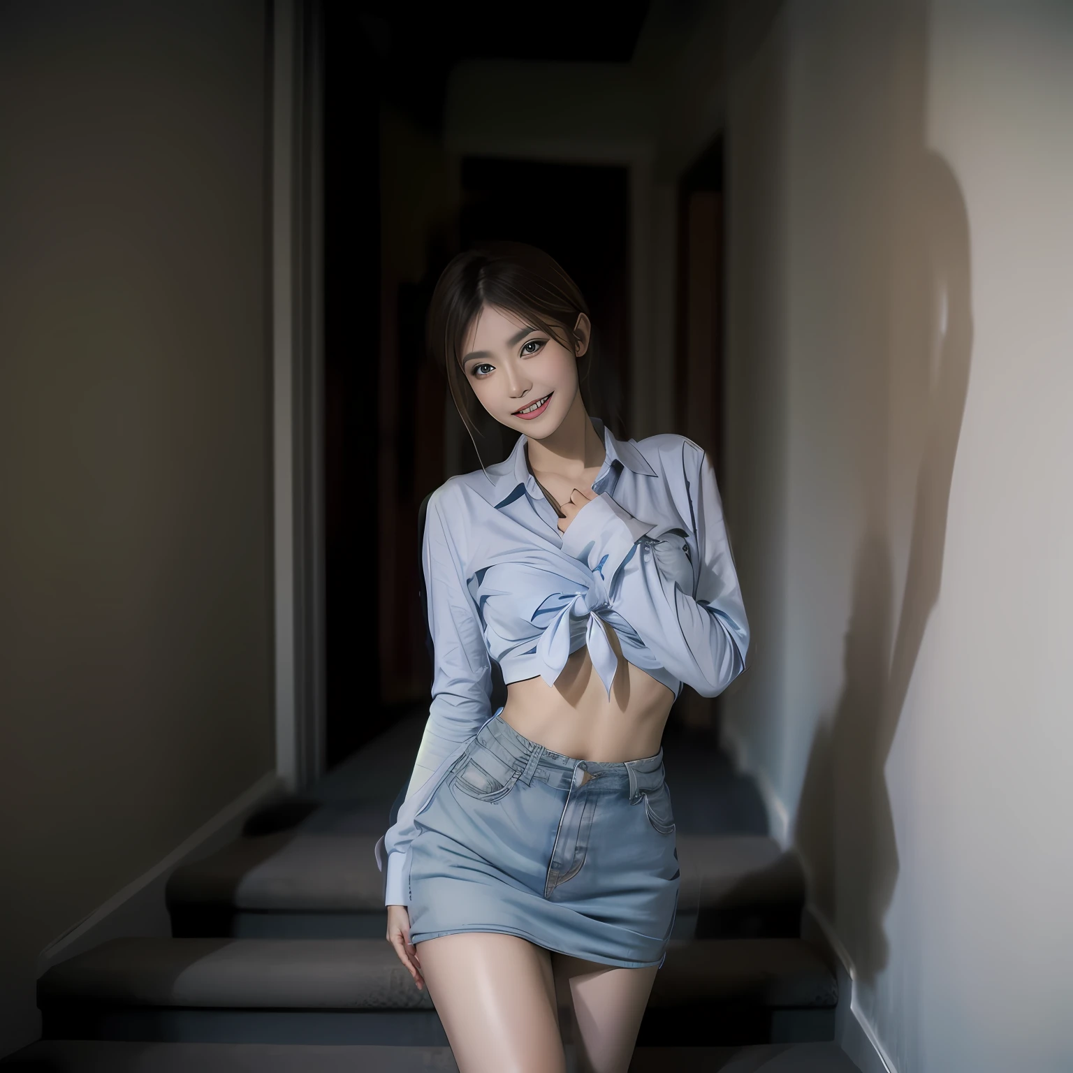 Gray eye，Korean school uniform，Summer uniform shirt，Ribbon Ties，a skirt，Bright blonde hair，school stairs，Go down the school stairs，Chest thrust pose，Chest bragging pose，8K original photos，A high resolution，16-year-old Koreans are cool，very large round breasts，beautiful eyes in detail，long eyelasher，beautiful double eyelid，eye shadows，eyes liner，Elongated eyes，Elongated eyes，Elongated eye shape， Sanbai's eyes，evil grin smile，Evil expression，Beautiful very thin legs，Beautiful very thin thighs，Random medium hair，Hair tied behind the head，Raised sexy，Show your hips，Show the legs