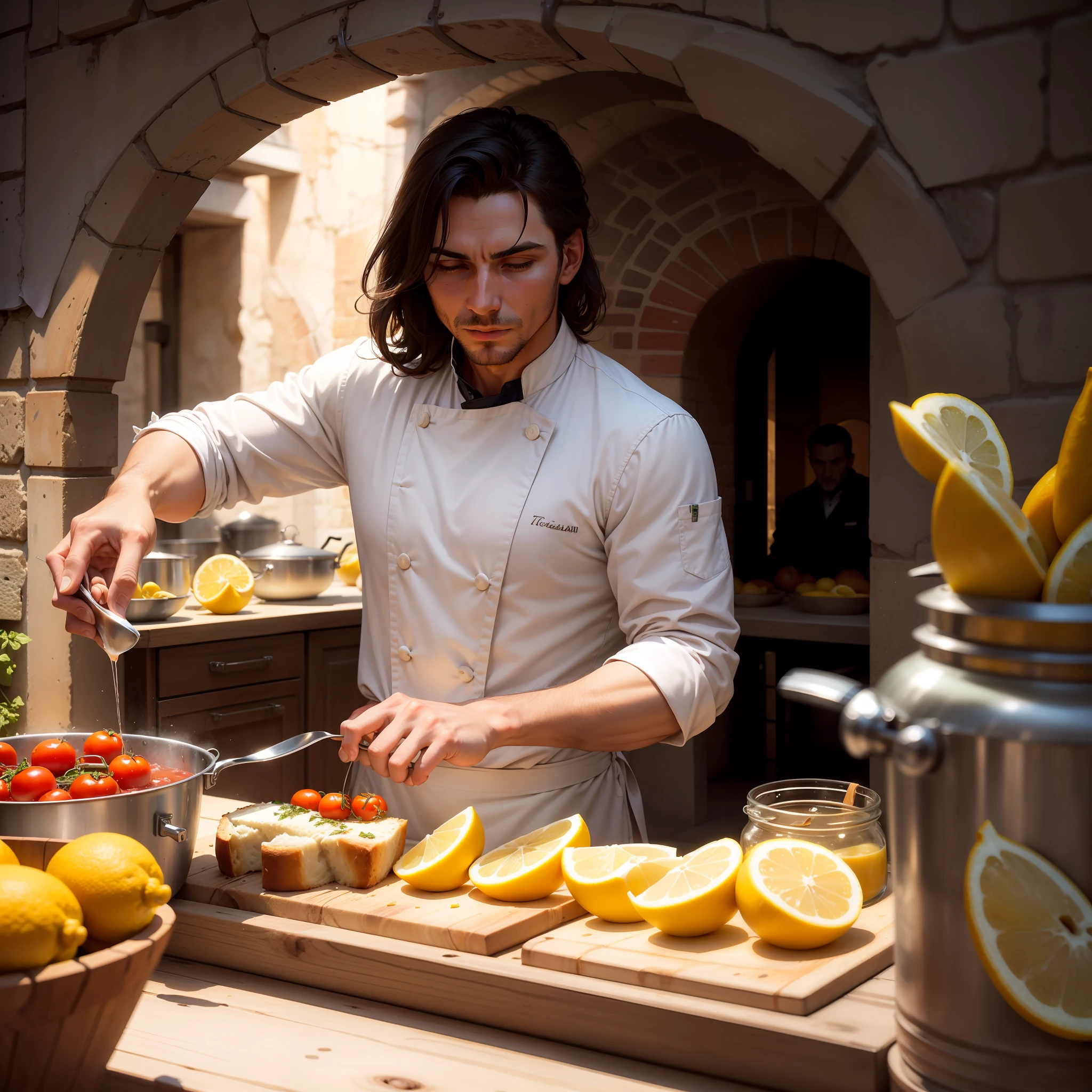 An Italian chef cooking under a tunnel in Italy with people(number: 3) watching him while pinching salt into a pot full of soup, there is FOOD ON a table(bread, tomatoes, onion, lemons, jar of lemonade), day, good weather