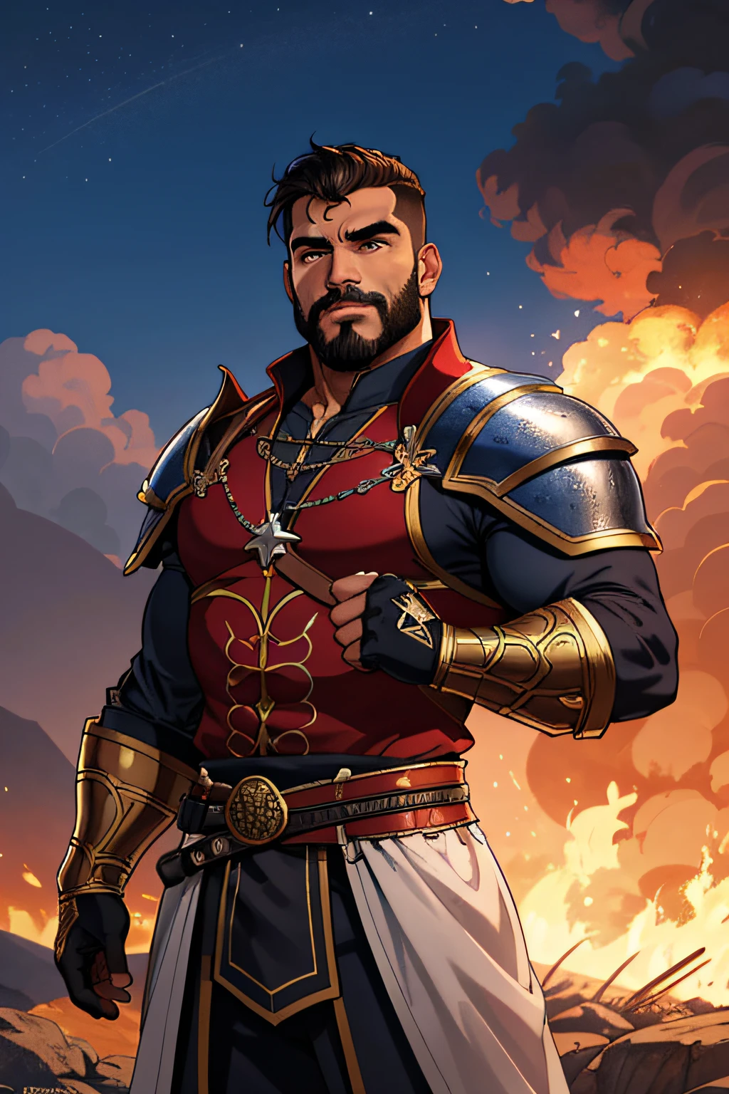 melhor qualidade, obra-prima, Ultra high resolution,fundo detalhado,realista,Hadesstyle,sozinho,macho,maduro,Somente,musculoso,macho maduro,cabelo curto, facial hair, nobre, paladino, armadura intrincada, segurando um machado de guerra em uma cidade medieval, riqueza, ouro,fogo ,riqueza \(tema\) ,fantasia medieval,Ser,capa,profundidade de campo