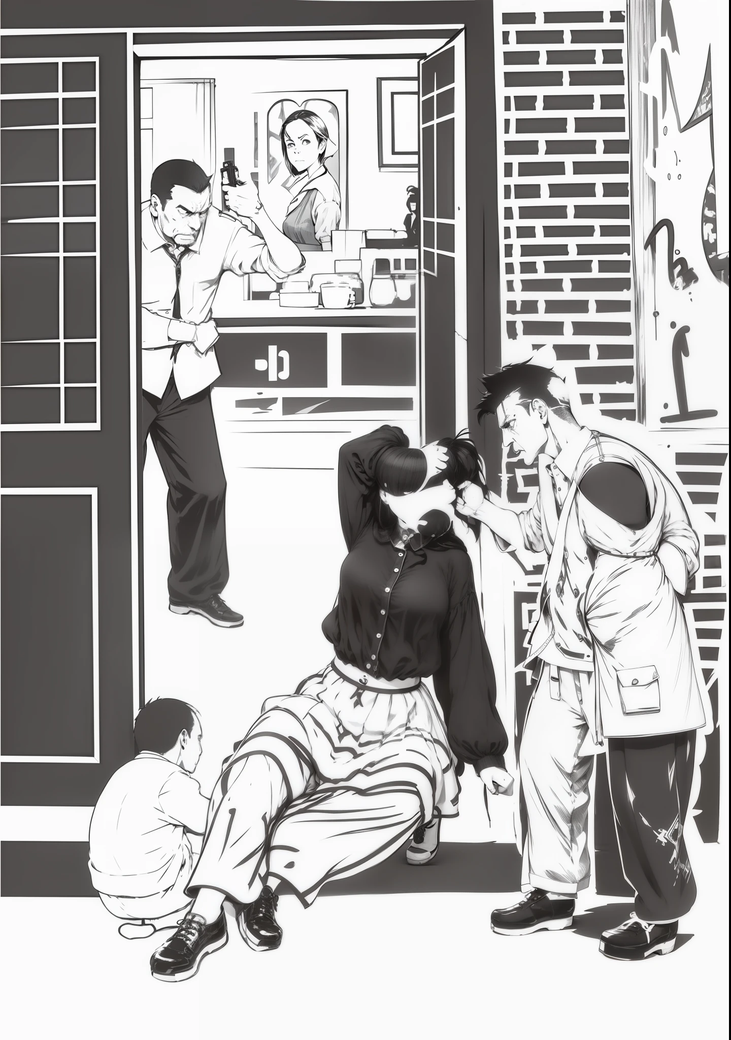 An angry-looking man pointed to the woman on the threshold on the left