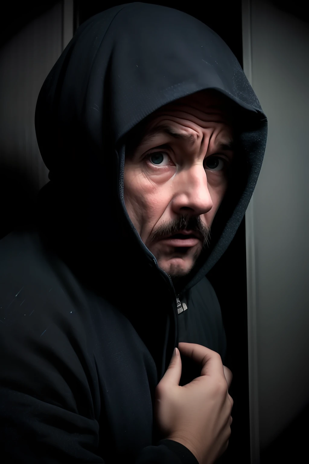 There is a scared man in dark room looking down scared covering his mouth