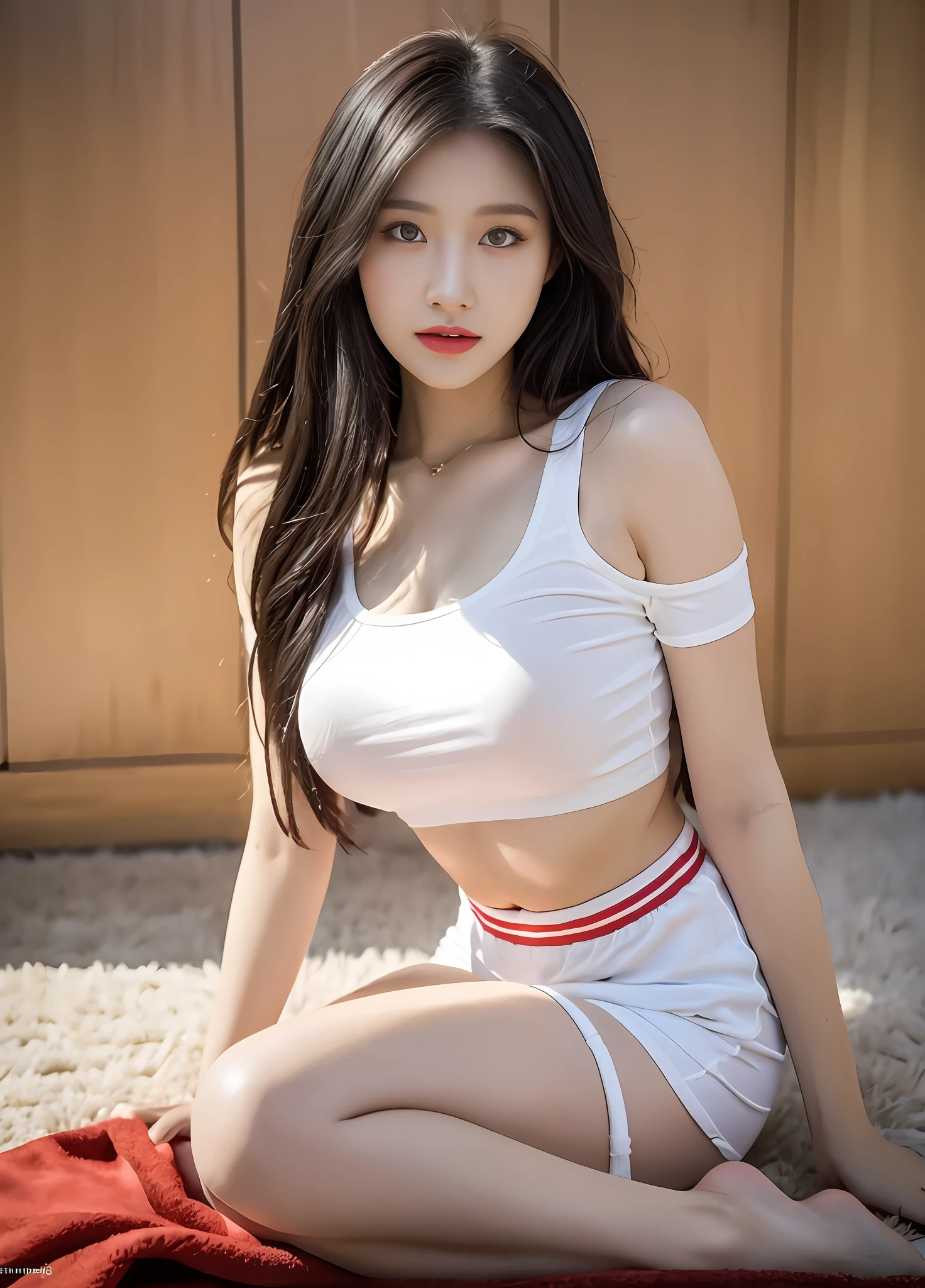 hyper HD，tmasterpiece，Highest high resolution，highest details，lightand shade contrast，A young and beautiful woman，Black hair，Beautiful pupils，long eyelasher，Shot from the perspective of the human eye，Wearing a cream white top，Red shorts，Kneel on the carpet