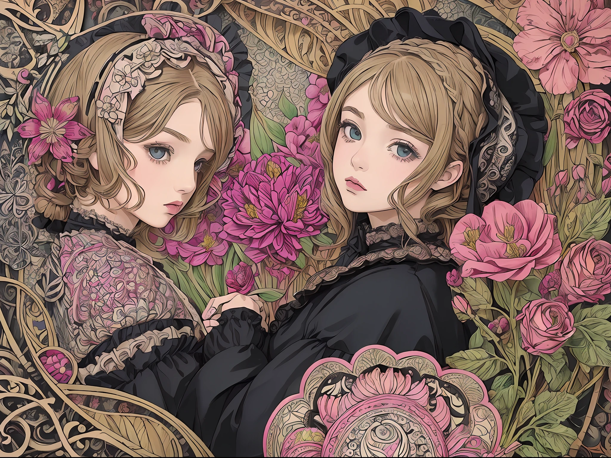 (masterpiece, top quality, best, official art, beautiful and aesthetic:1.2), 1girl, (pop art:1.4), (zentangle, flower effects:1.2), (art nouveau:1.1),(Gothic Lolita:1.3)
