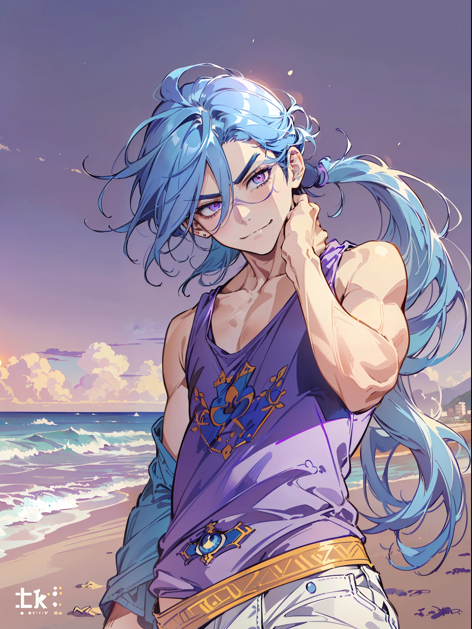 ((highest quality, masterpiece, 4k, finely detailed, detailed eyes, detailed face, intricate details, pixiv, gelbooru, warm colors, beach city background, blue sky, a few clouds, sunny)), (((solo, 1boy, male, mature, masculine, handsome, slight muscles, Kanan_Matsuura_(Love_Live_Sunshine))), (((high ponytail, dark blue hair, light purple eye color, gentle eyes))), (((male briefs, tight tanktop))), ((( looking at viewer, very cocky expression, smug smirk, eyebrows furrowed)))