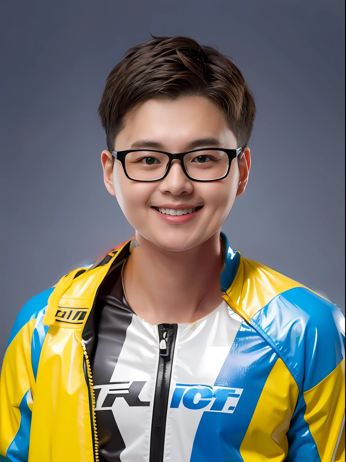 17-year-old male high school student,Wear a PVC yellow and blue racing suit,short detailed hair,Hair with oblique bangs,Hair color: grayish blue, pick dye