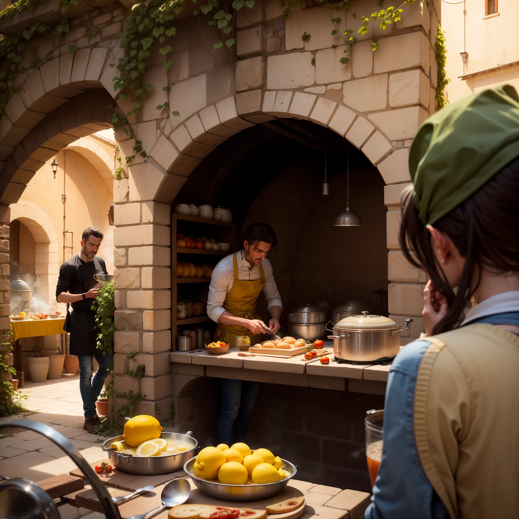 An Italian chef cooking under a tunnel in Italy with people watching him, pot full of soup with slight steam coming out of it, there is FOOD ON a table(bread, tomatoes, onion, lemons, jar of lemonade), day, good weather