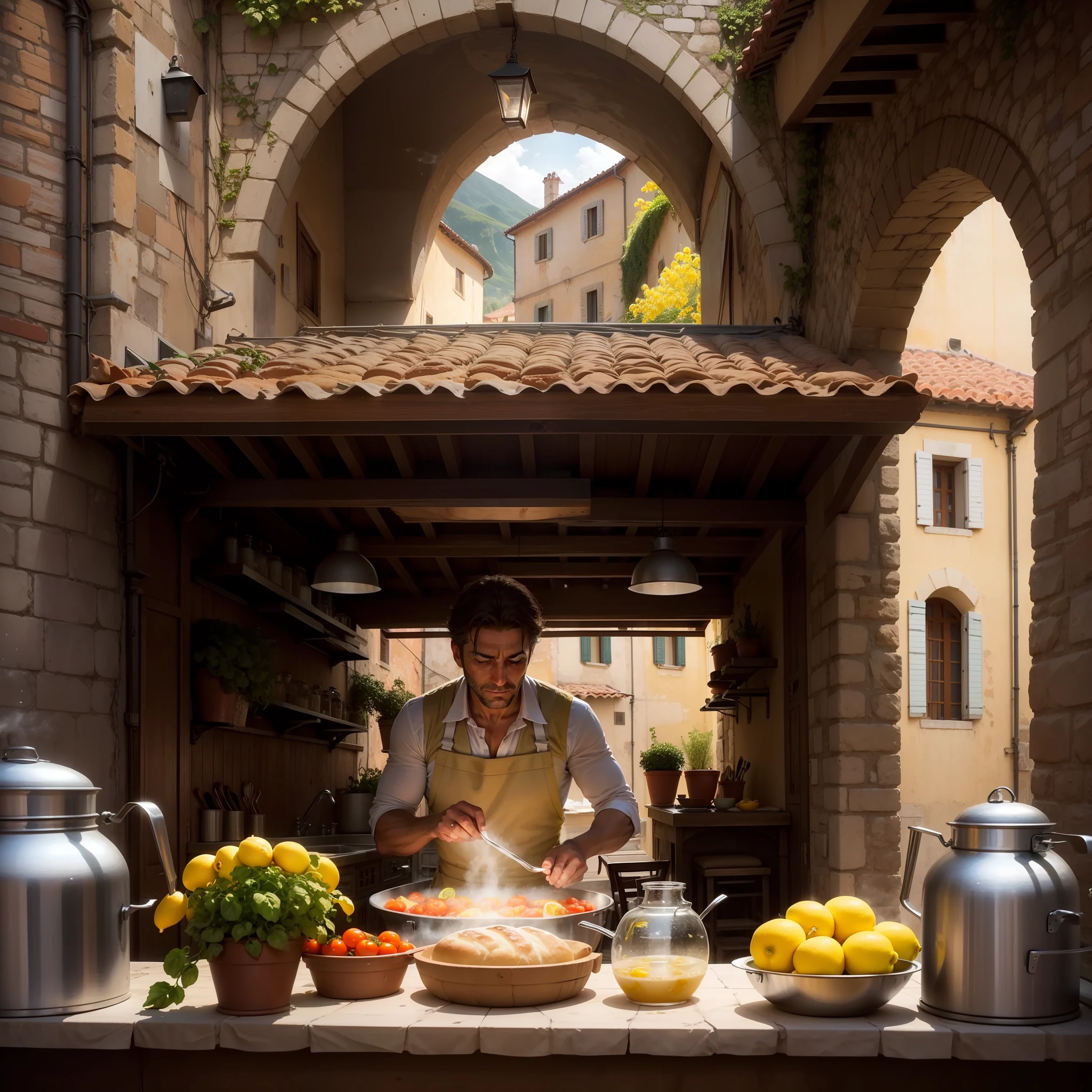 An Italian chef cooking under a tunnel in Italy with people watching him, pot full of soup with slight steam coming out of it, there is FOOD ON a table(bread, tomatoes, onion, lemons, jar of lemonade), day, good weather, italian houses in view