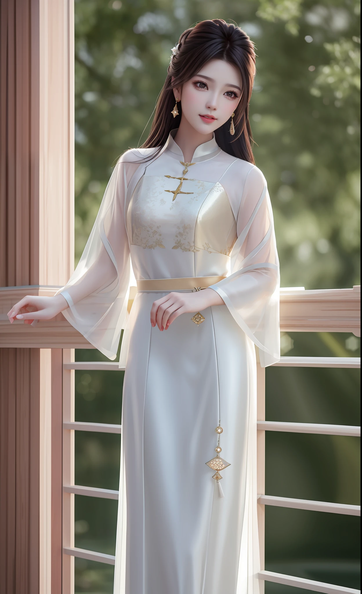 Best Quality, Masterpiece, High Resolution, 1 Girl, Blush, (Seductive Smile:0.8), Star Pupil, Beautiful Face, upon_body, Tyndall Effect, Realistic, Dark Studio, Edge Lighting, Two-tone Lighting, (High Detail Skin: 1.2), 8K Ultra HD, DSLR, Soft Lighting, High Quality, Volume Illumination, Frank, Photos, High Resolution, 4K, 8K, Bokeh, White Long Dress, Silk Texture, Lightweight, Translucent